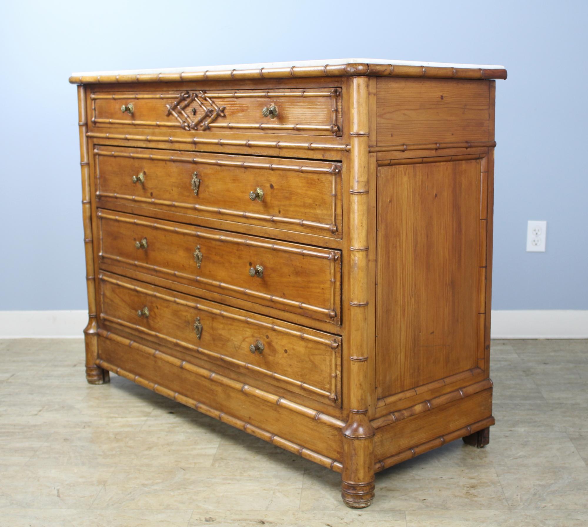 Large Faux Bamboo Commode with Original White Marble Top In Good Condition In Port Chester, NY