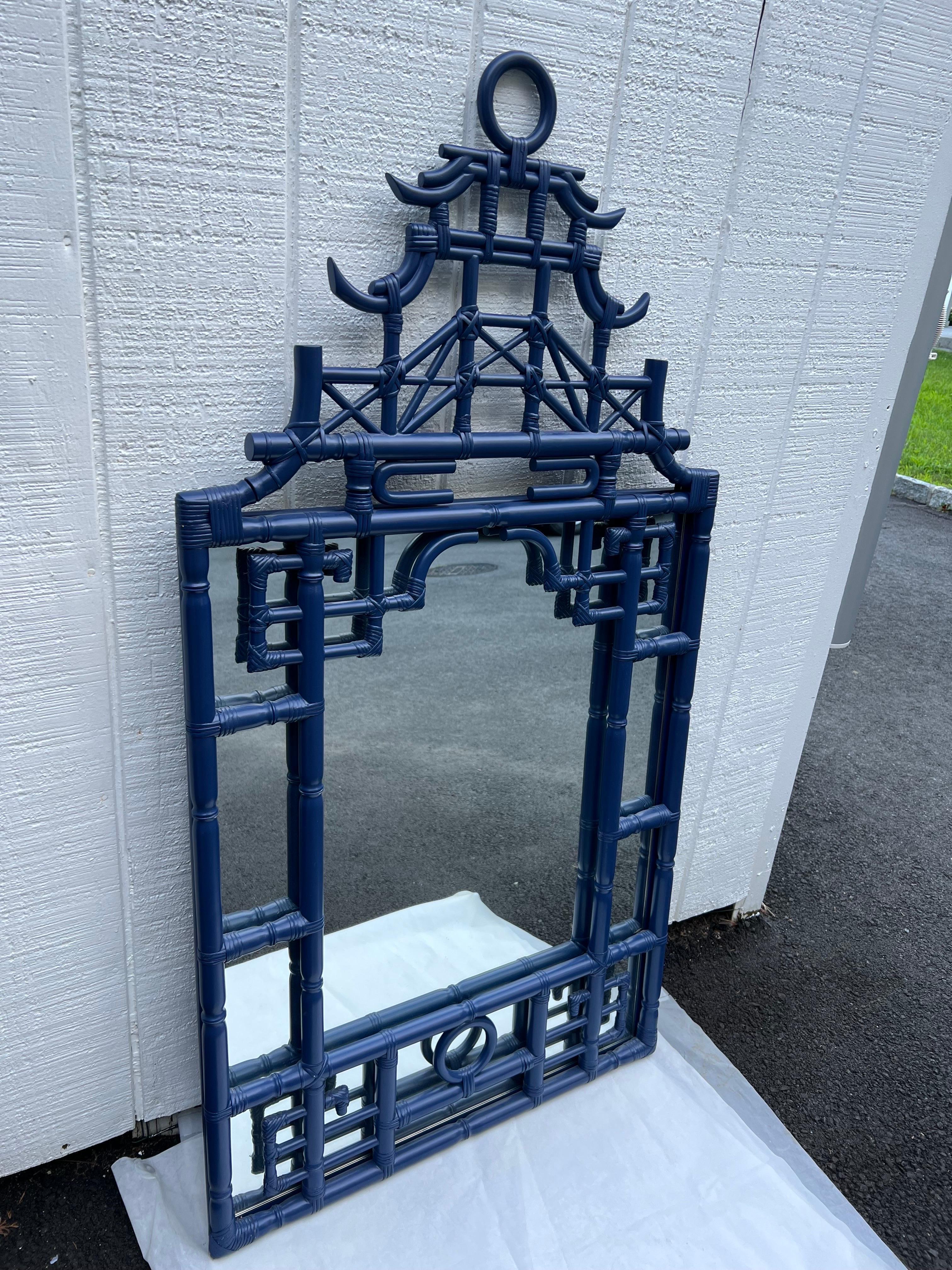 Large Faux Bamboo Pagoda Mirror in Cobalt Blue 3