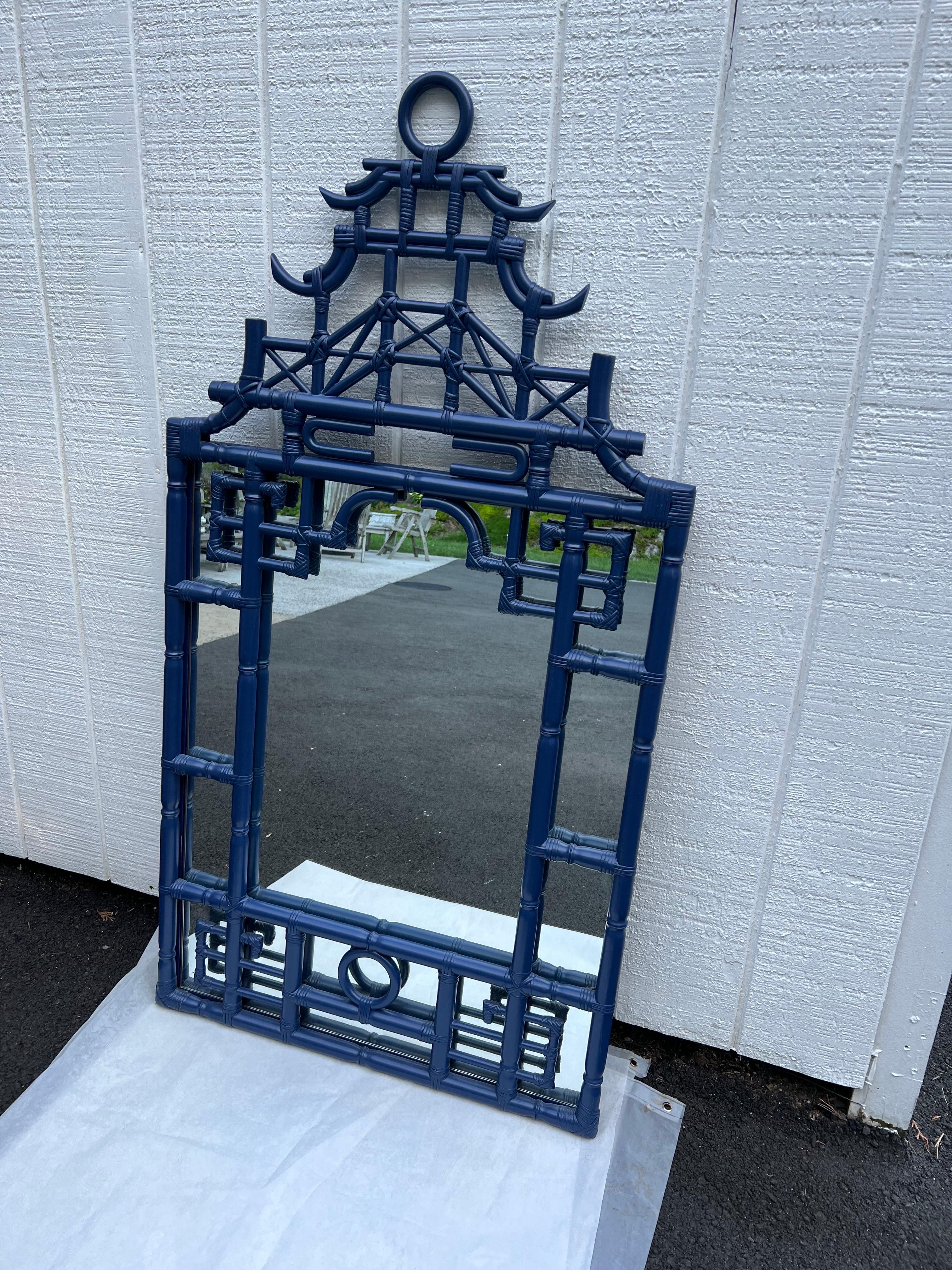 Large Faux Bamboo Pagoda Mirror in Cobalt Blue 4