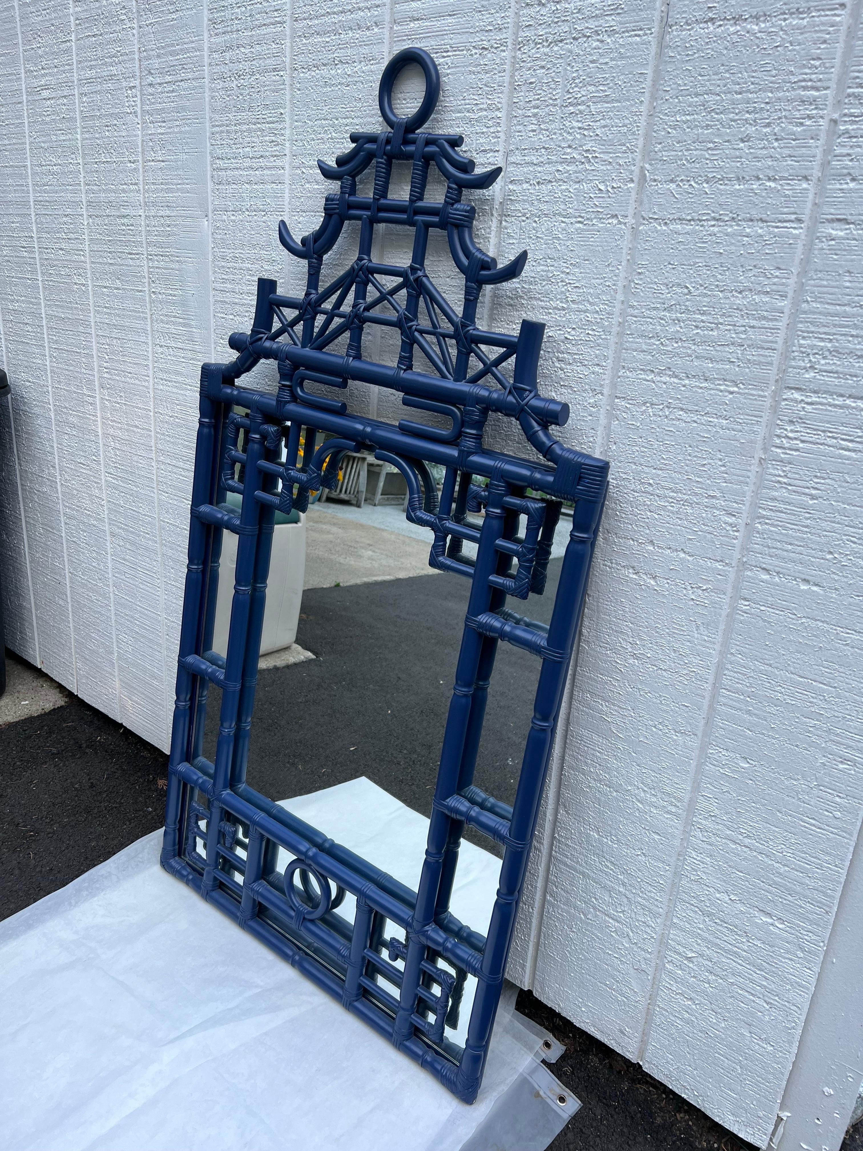Large Faux Bamboo Pagoda Mirror in Cobalt Blue 5