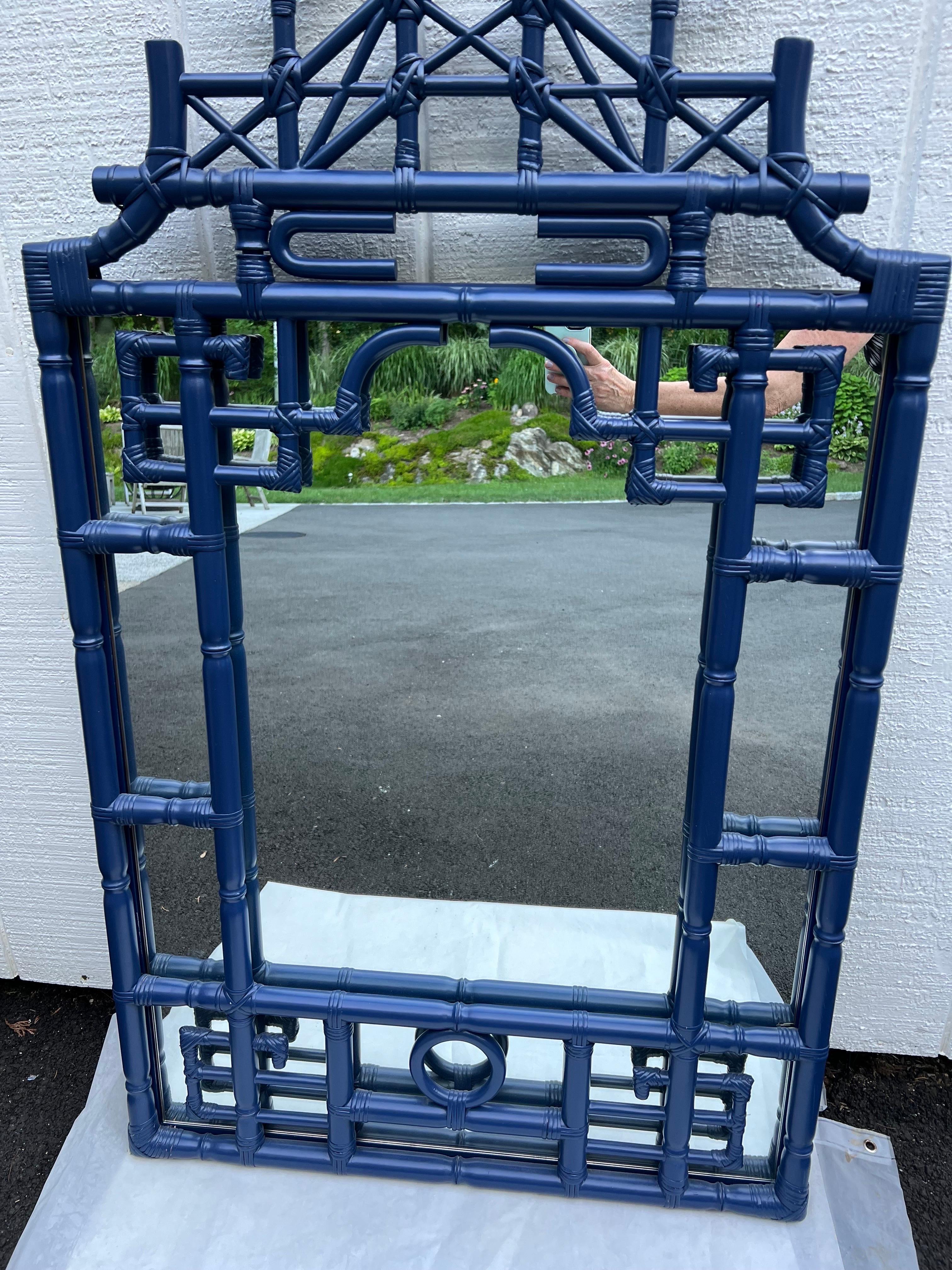 Large Faux Bamboo Pagoda Mirror in Cobalt Blue 6