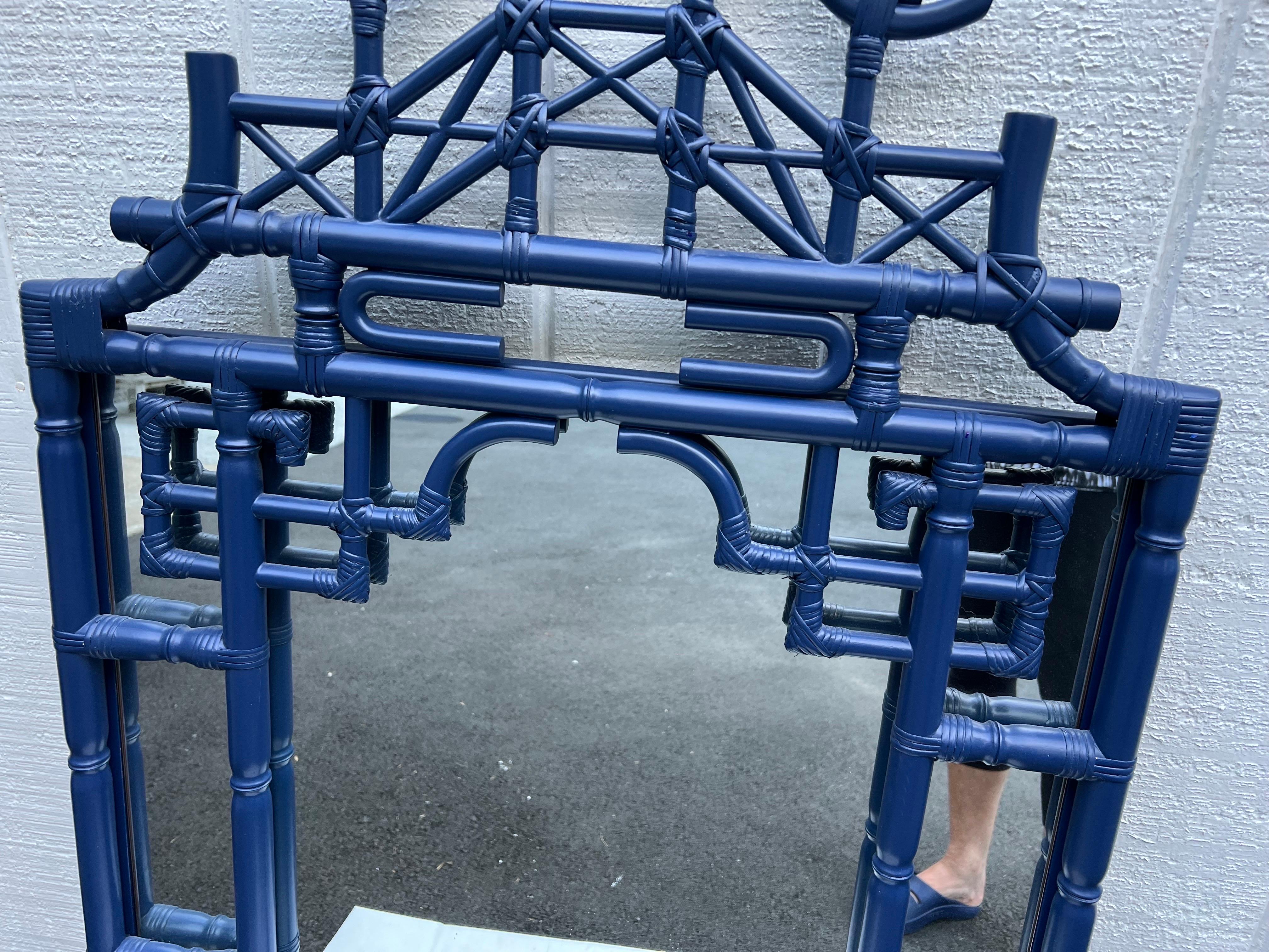 Large Faux Bamboo Pagoda Mirror in Cobalt Blue 7