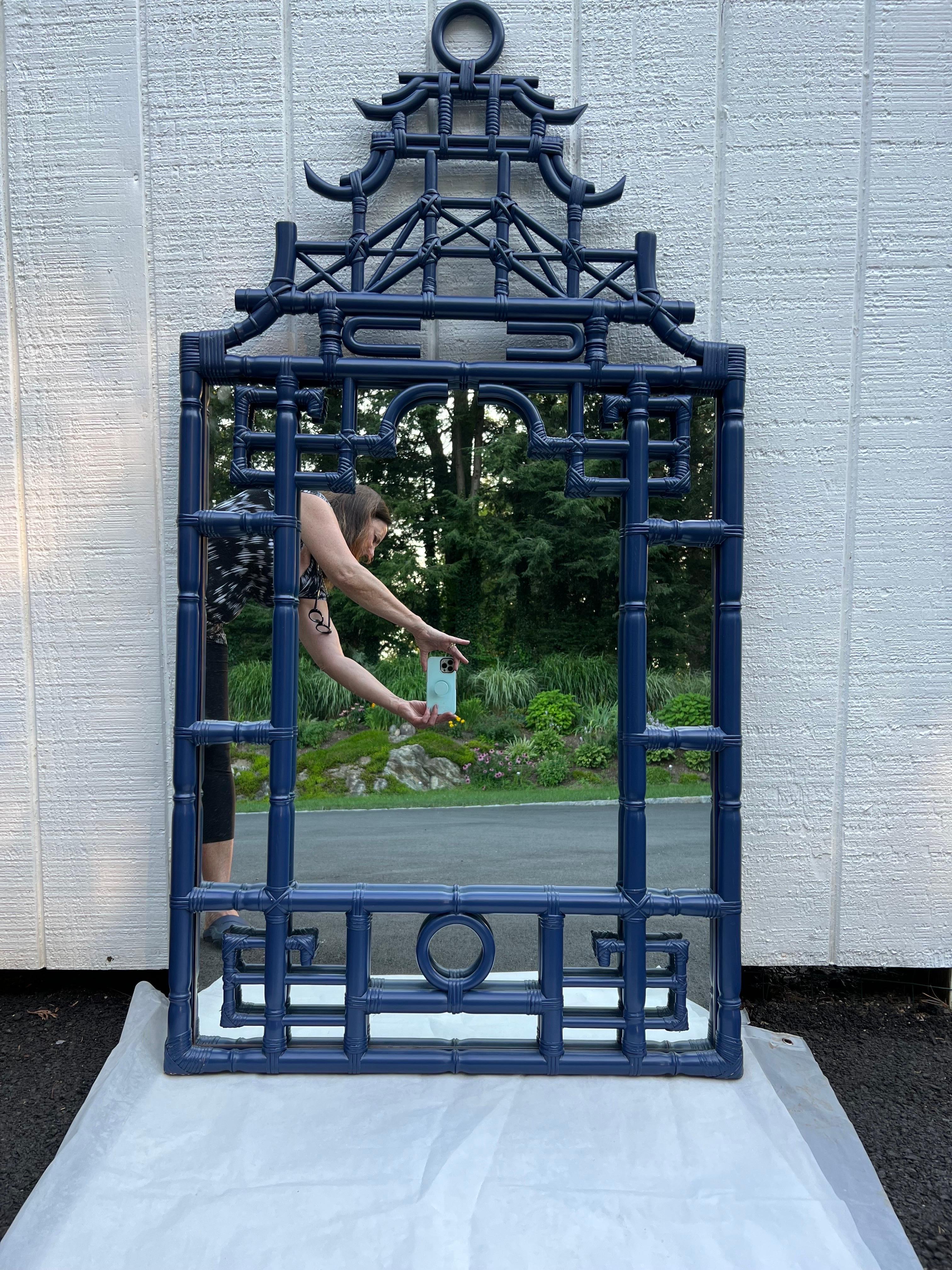 Chinoiserie Large Faux Bamboo Pagoda Mirror in Cobalt Blue