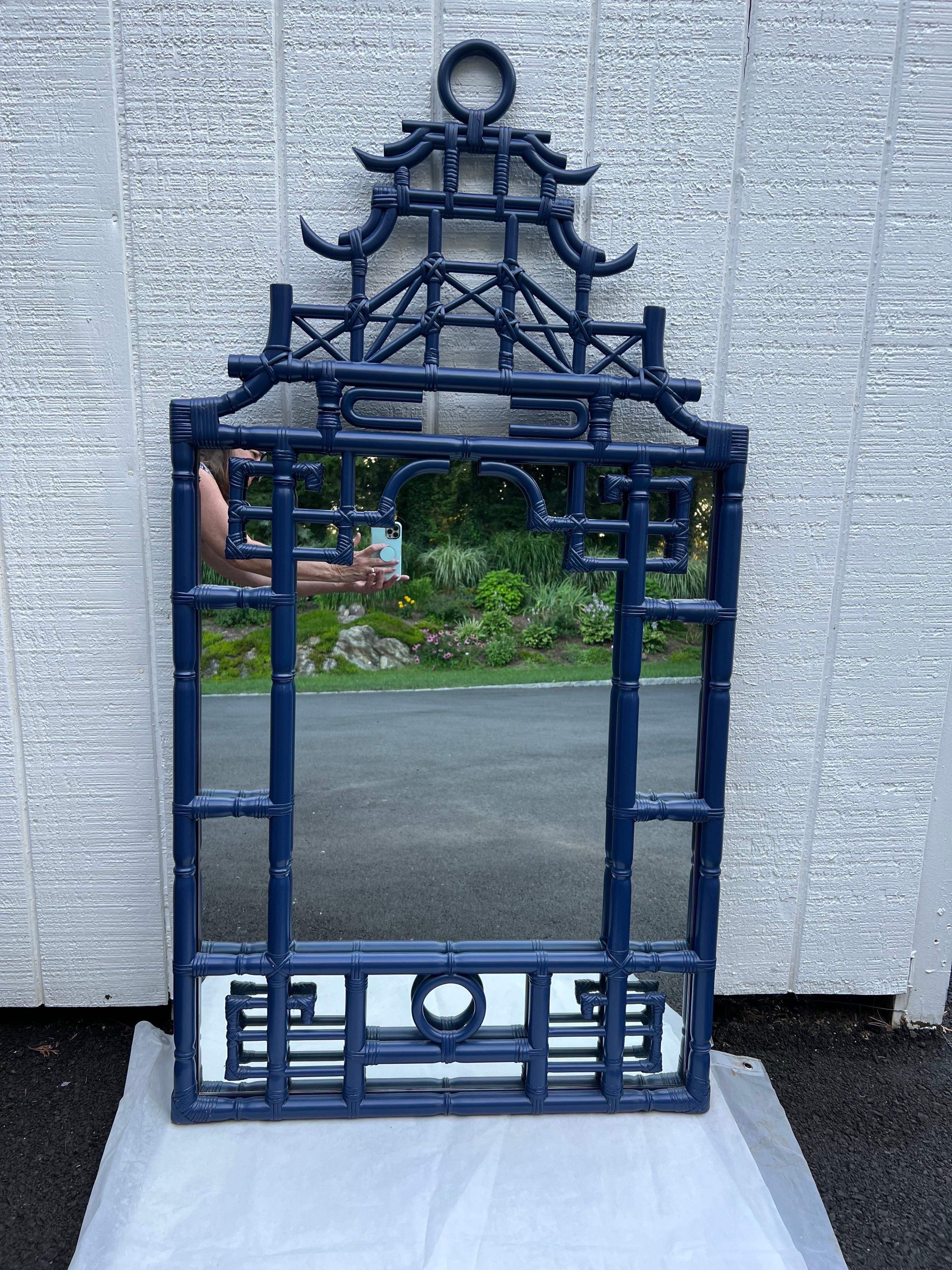 Unknown Large Faux Bamboo Pagoda Mirror in Cobalt Blue
