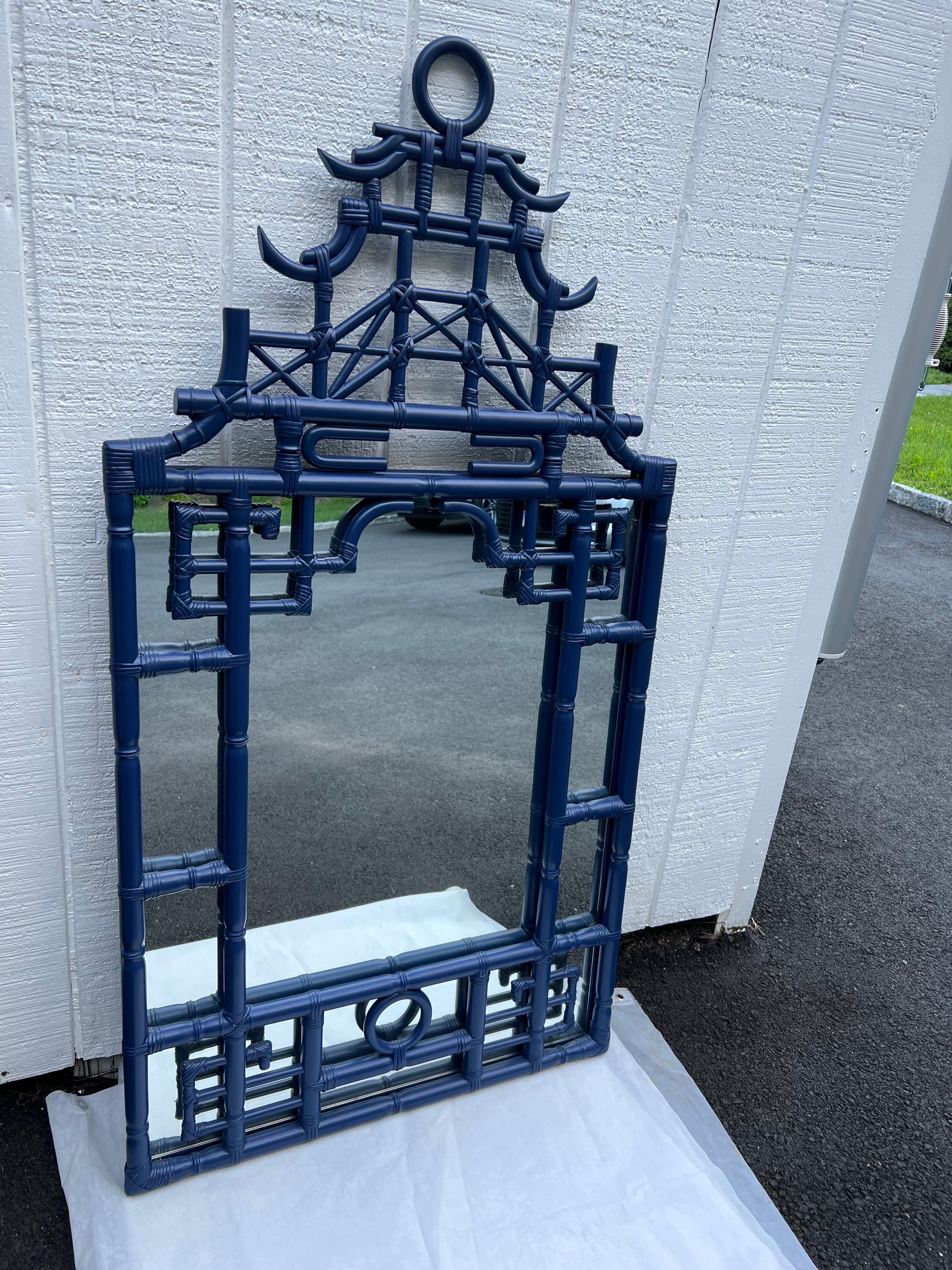 Large Faux Bamboo Pagoda Mirror in Cobalt Blue In Good Condition In Redding, CT