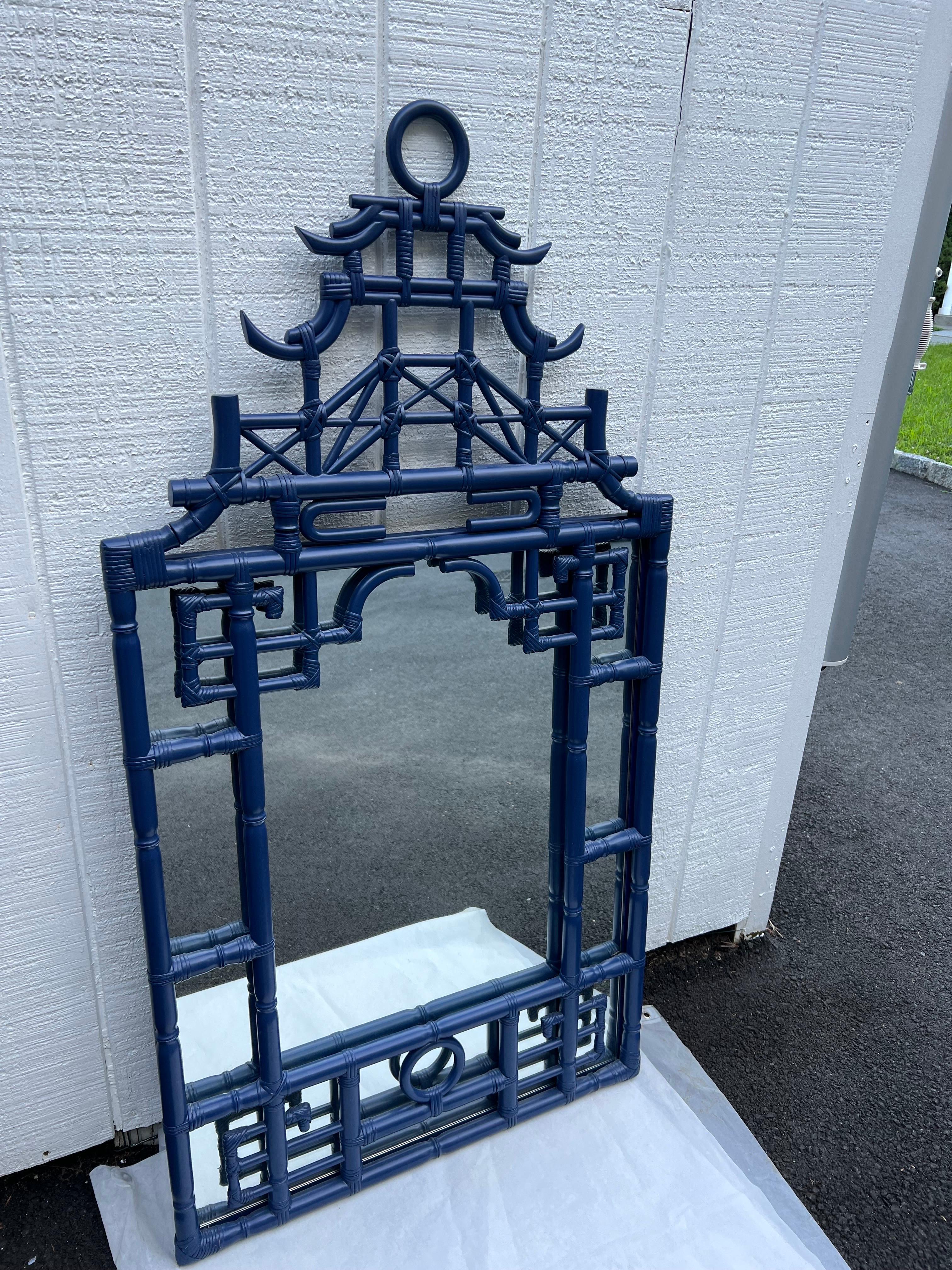 Contemporary Large Faux Bamboo Pagoda Mirror in Cobalt Blue