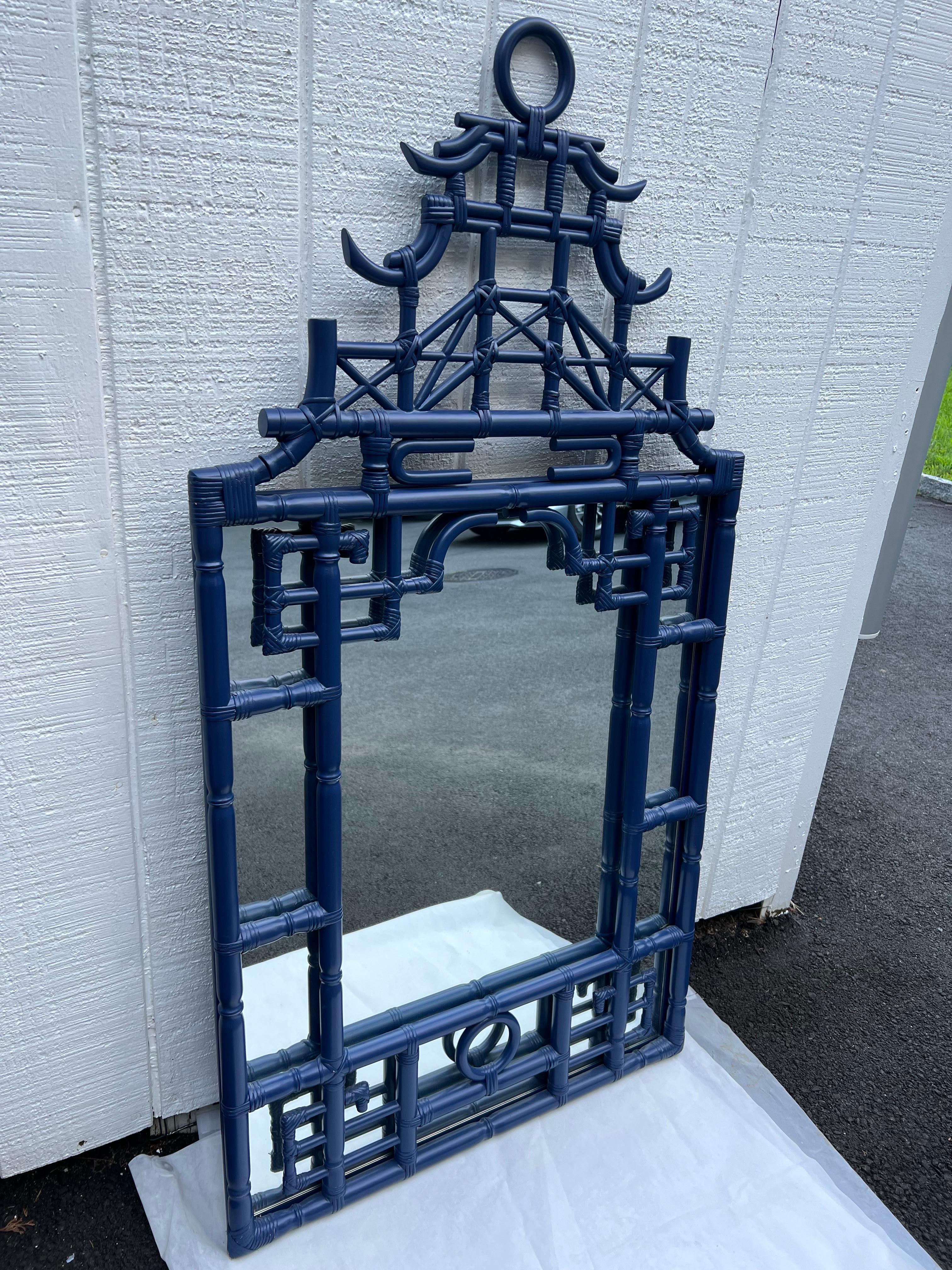 Large Faux Bamboo Pagoda Mirror in Cobalt Blue 1