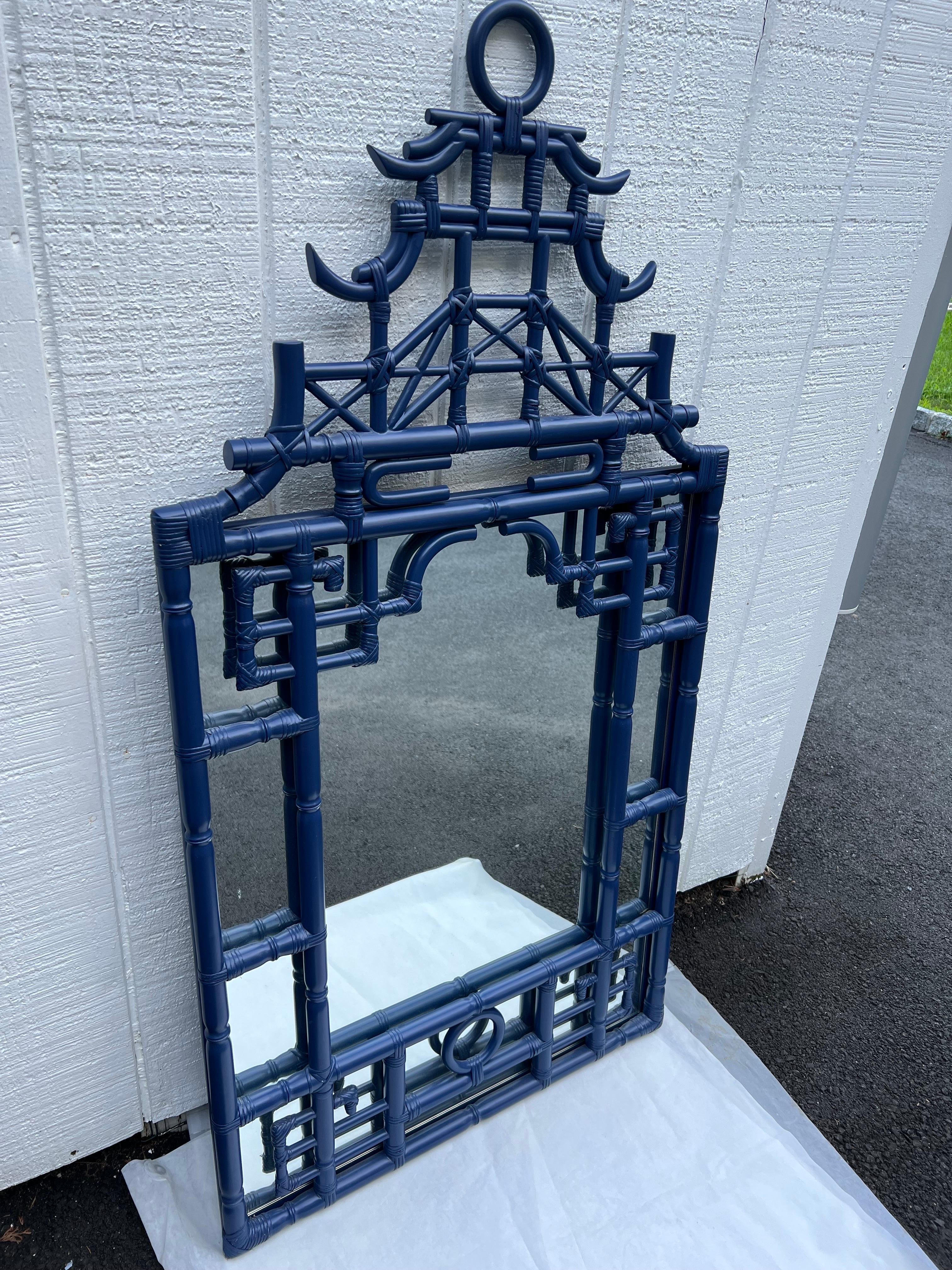 Large Faux Bamboo Pagoda Mirror in Cobalt Blue 2