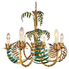 Large Faux Bamboo Palm Leaf Italian Tole Chandelier 1960's