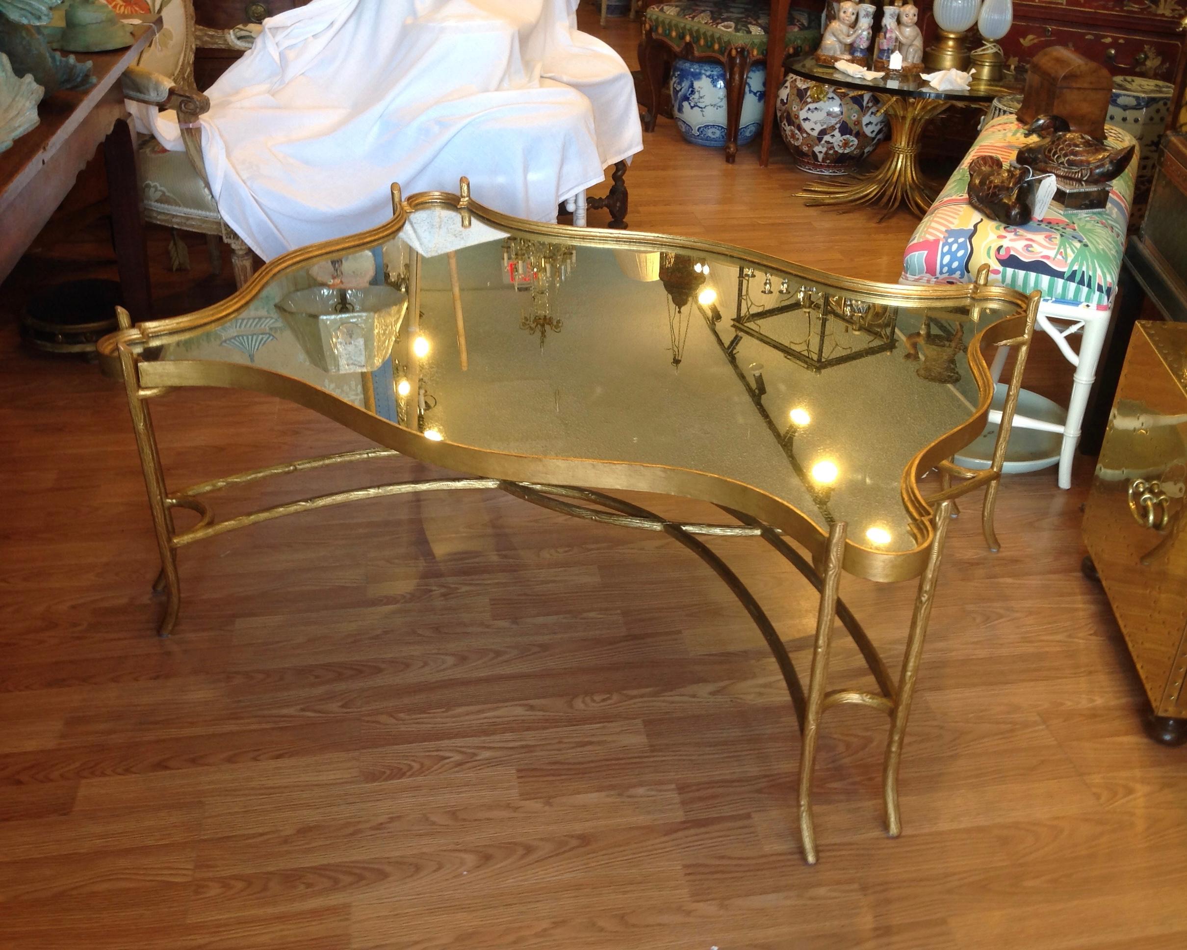 Large Faux Bois Mirrored Cocktail Table In Good Condition In West Palm Beach, FL