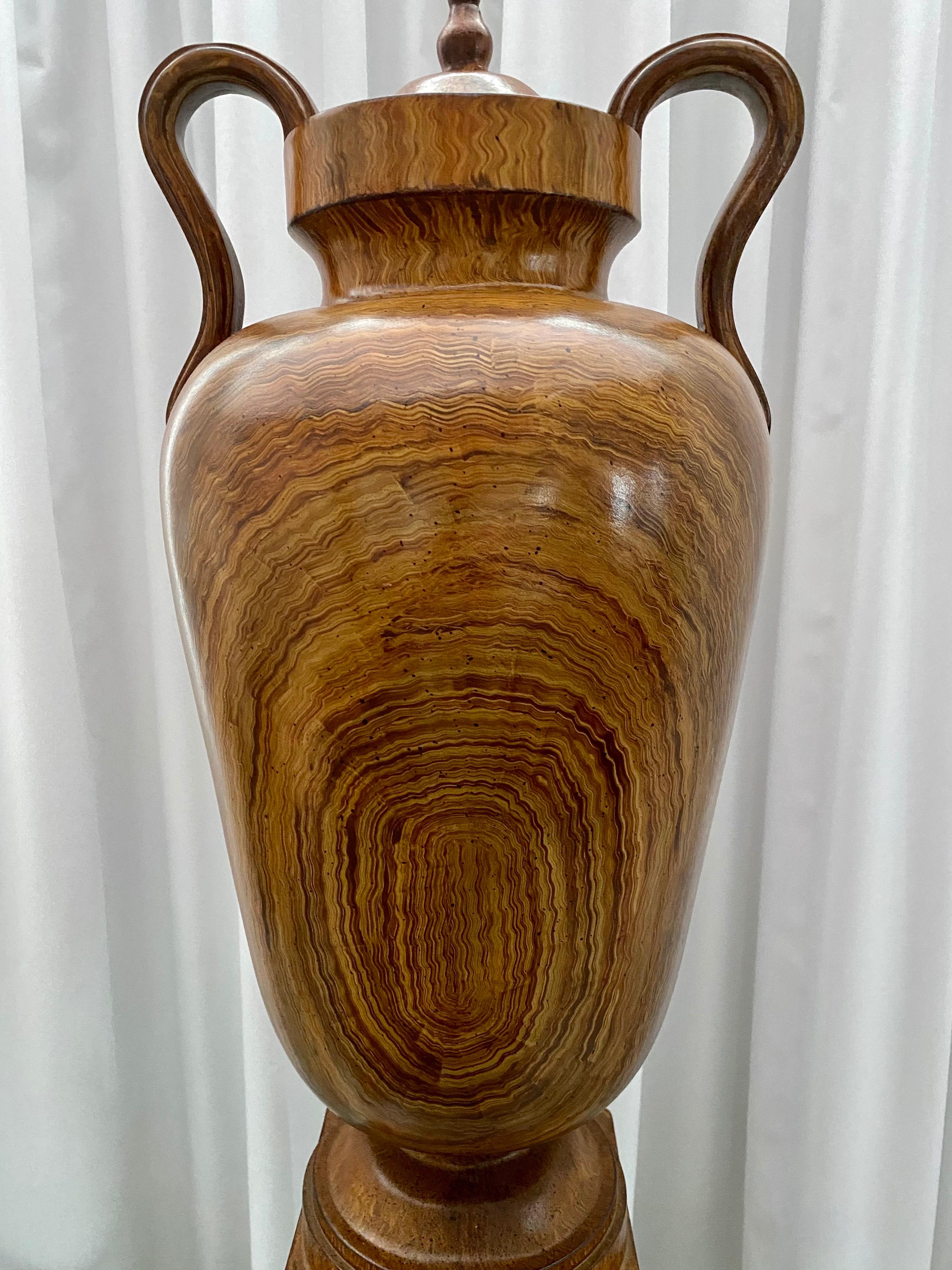 Large Faux Bois Wood Decorative Handled Urn on Plinth Base In Good Condition In Lambertville, NJ