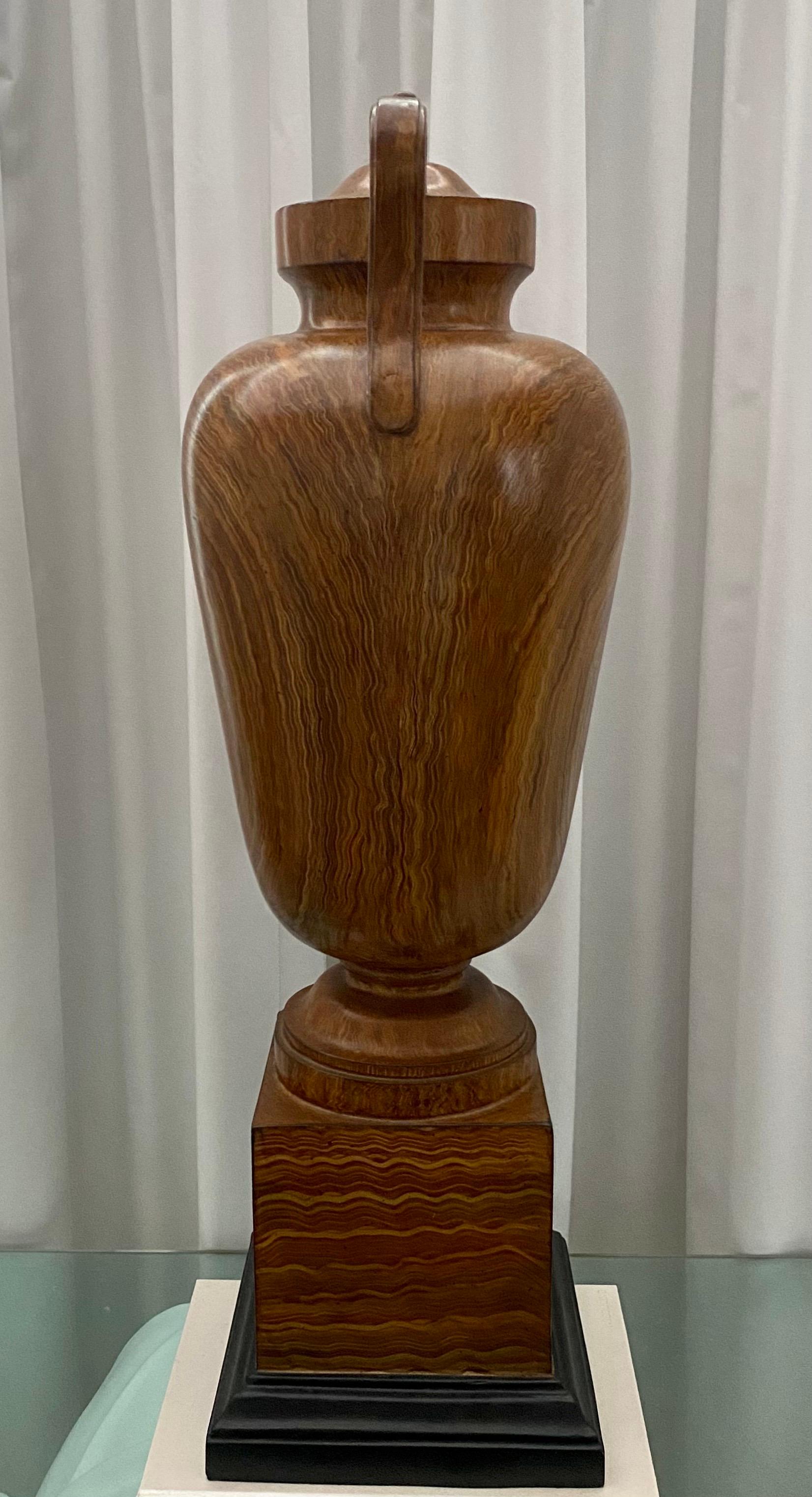 20th Century Large Faux Bois Wood Decorative Handled Urn on Plinth Base