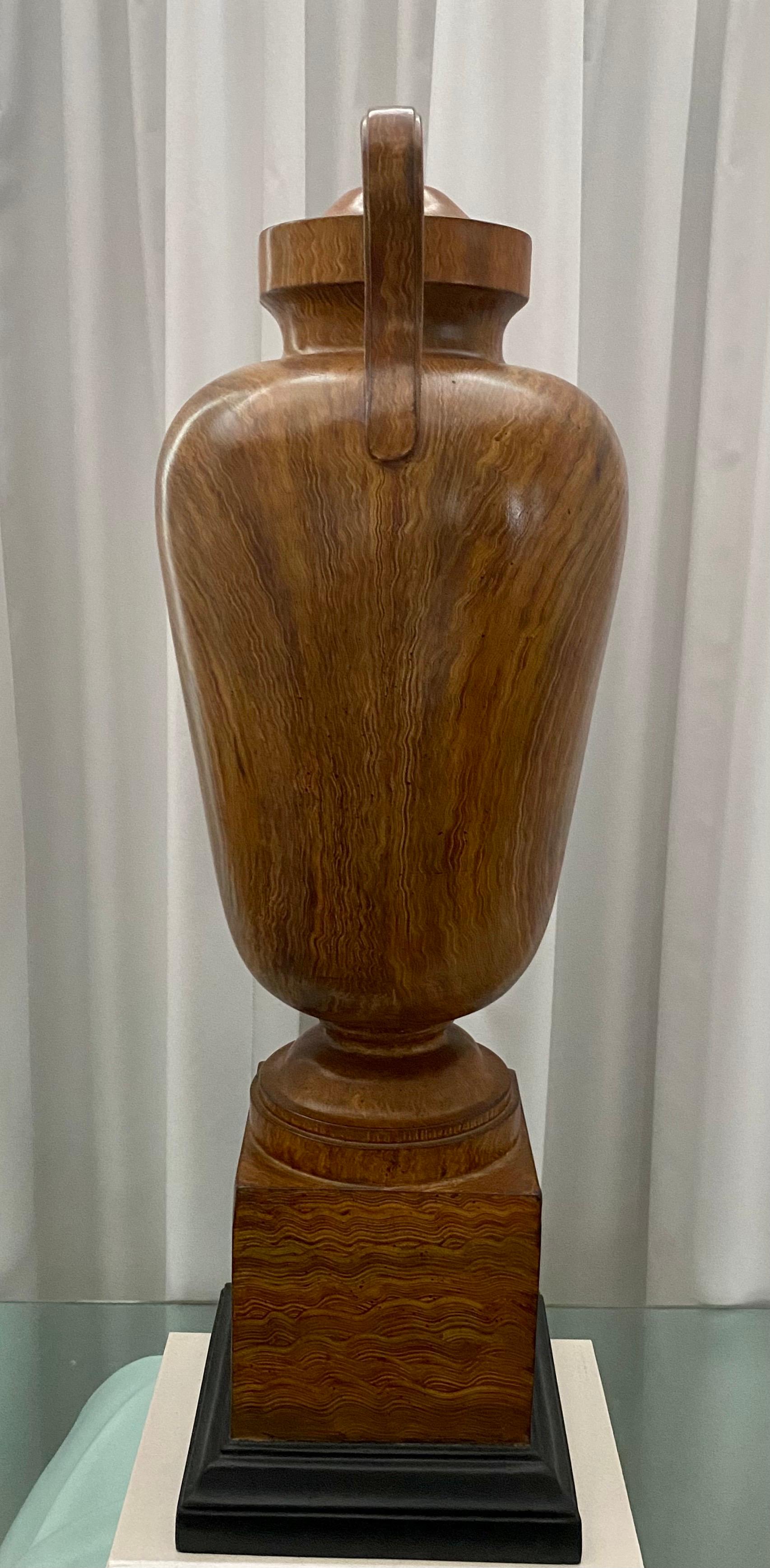 Composition Large Faux Bois Wood Decorative Handled Urn on Plinth Base