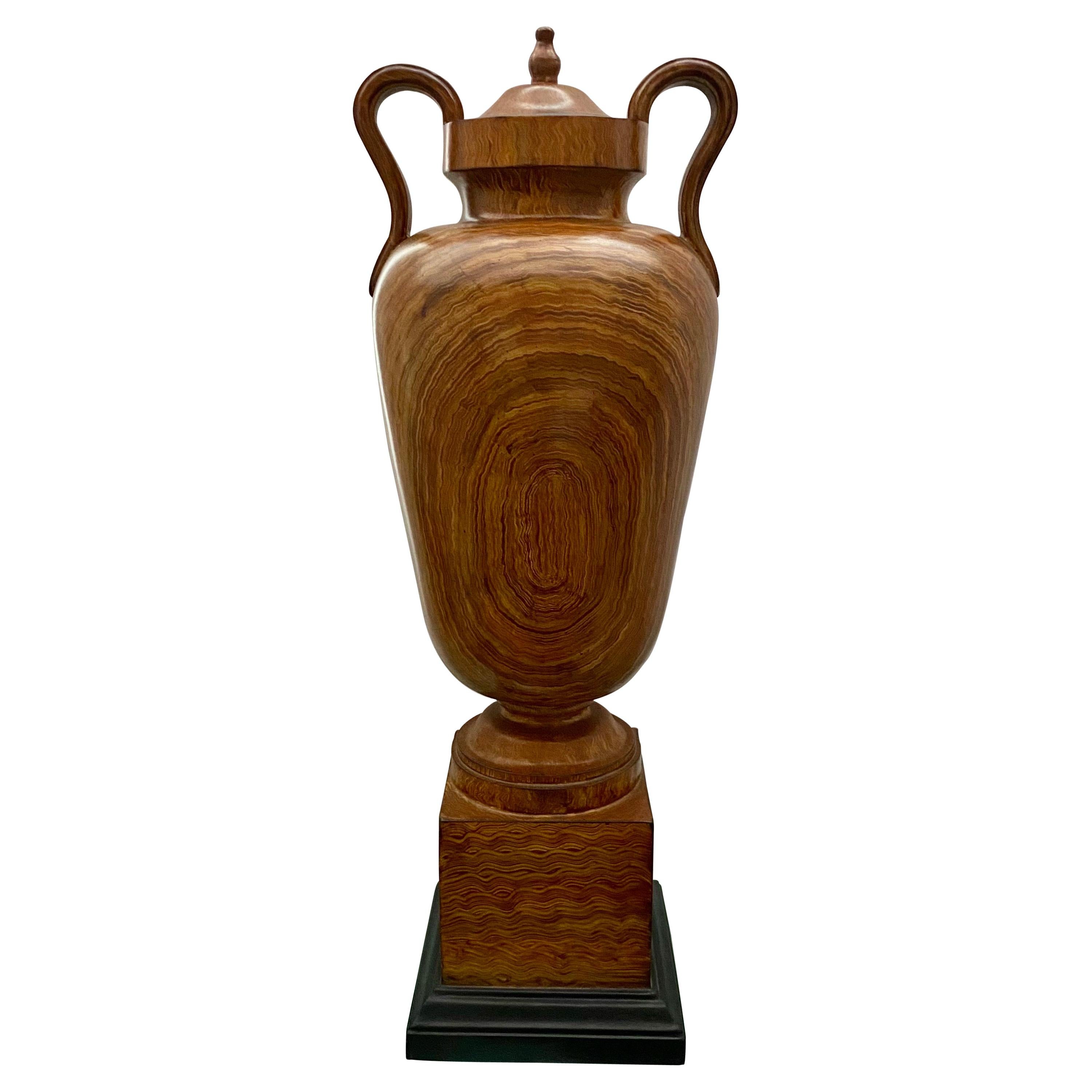 Large Faux Bois Wood Decorative Handled Urn on Plinth Base