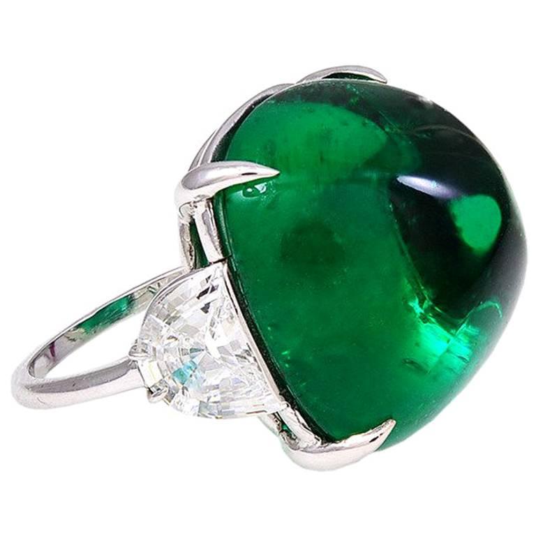 Large Lab Created Cabochon Emerald Diamond Cubic Zirconia Ring by Clive Kandel