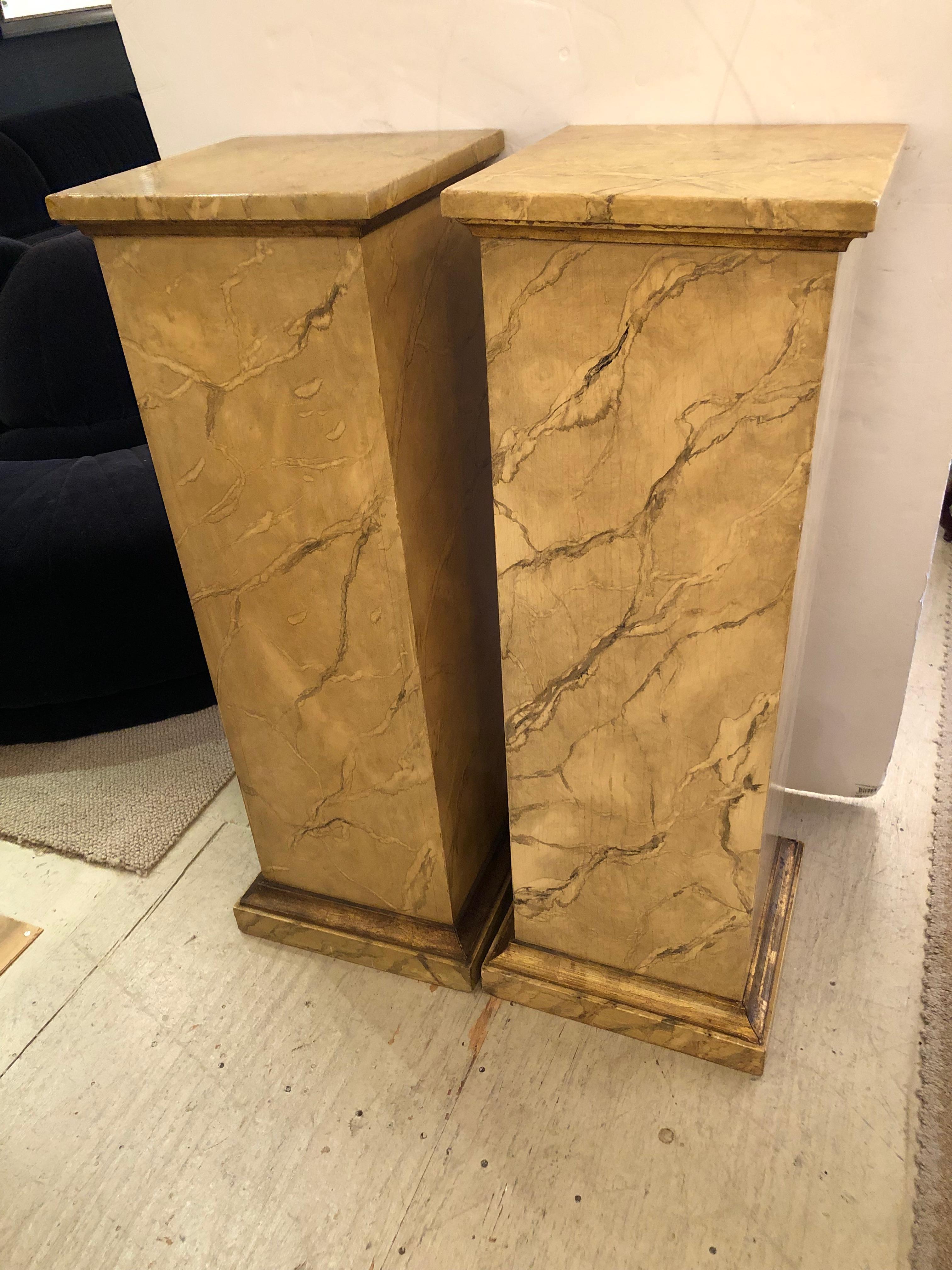 Large Faux Painted Marbleized Pair of Square Pedestals For Sale 3