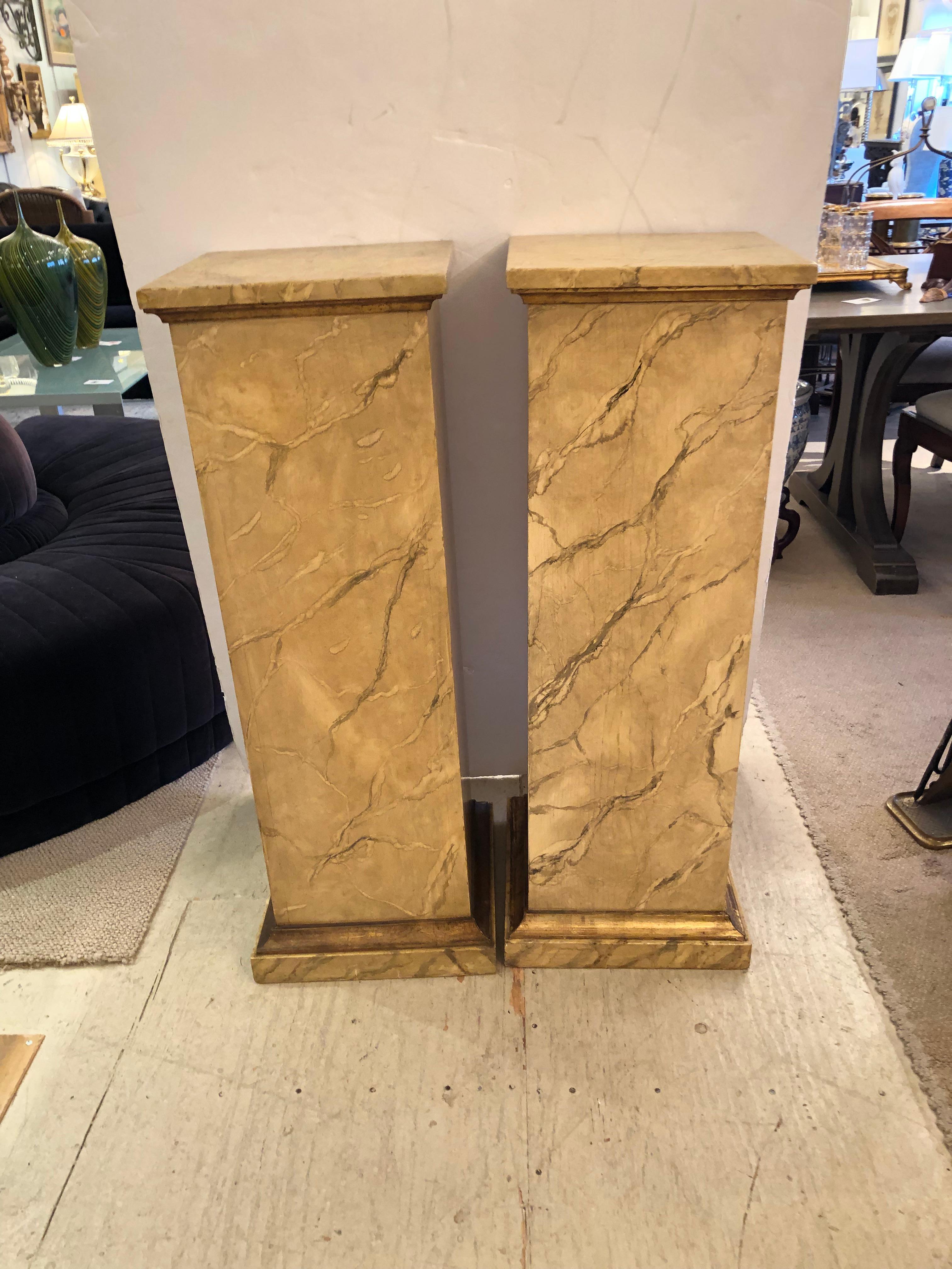 Large Faux Painted Marbleized Pair of Square Pedestals For Sale 4