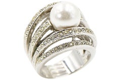 Large Faux South Sea Pearl and Crystal Sterling Silver Cocktail Ring