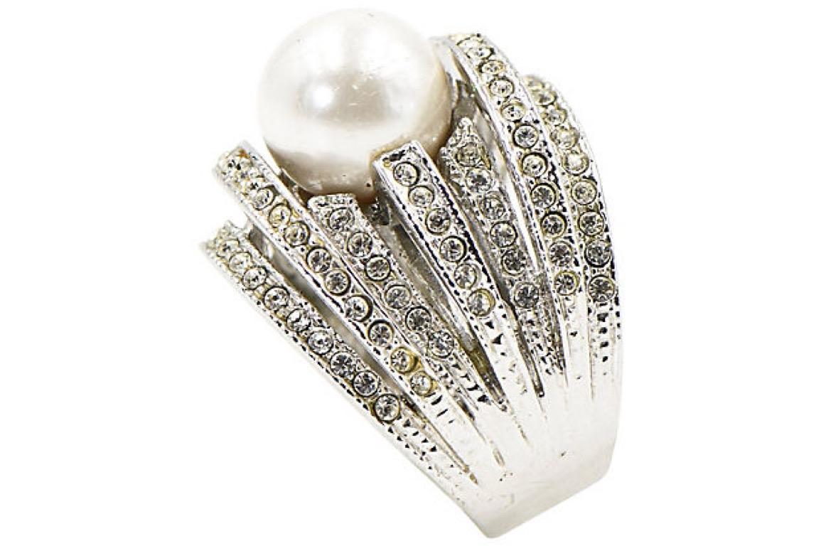 Round Cut Large Faux South Sea Pearl and Crystal Sterling Silver Cocktail Ring For Sale