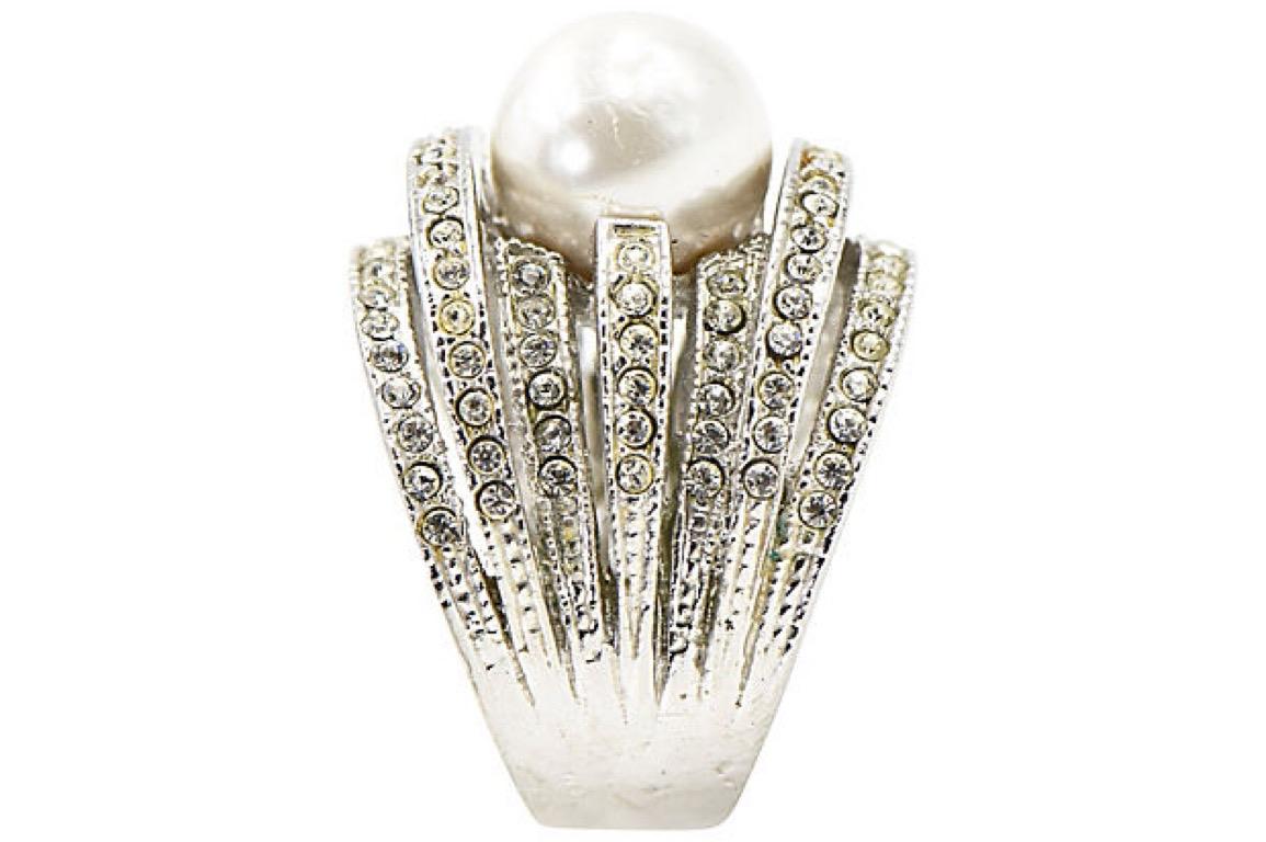 Women's or Men's Large Faux South Sea Pearl and Crystal Sterling Silver Cocktail Ring For Sale
