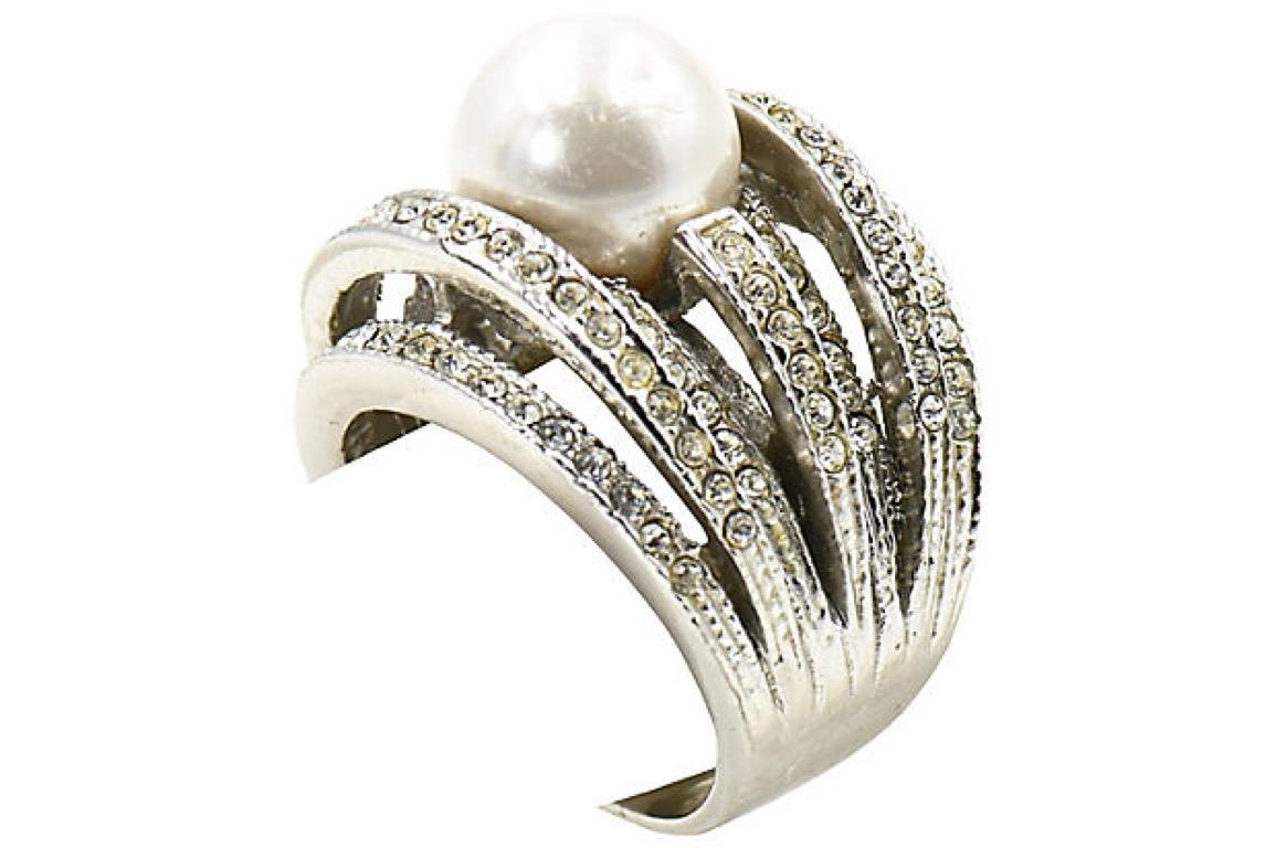 Large Faux South Sea Pearl and Crystal Sterling Silver Cocktail Ring For Sale 3