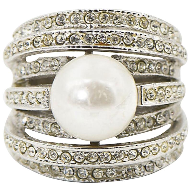 Large Faux South Sea Pearl and Crystal Sterling Silver Cocktail Ring For Sale