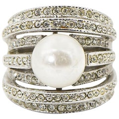 Vintage Large Faux South Sea Pearl and Crystal Sterling Silver Cocktail Ring