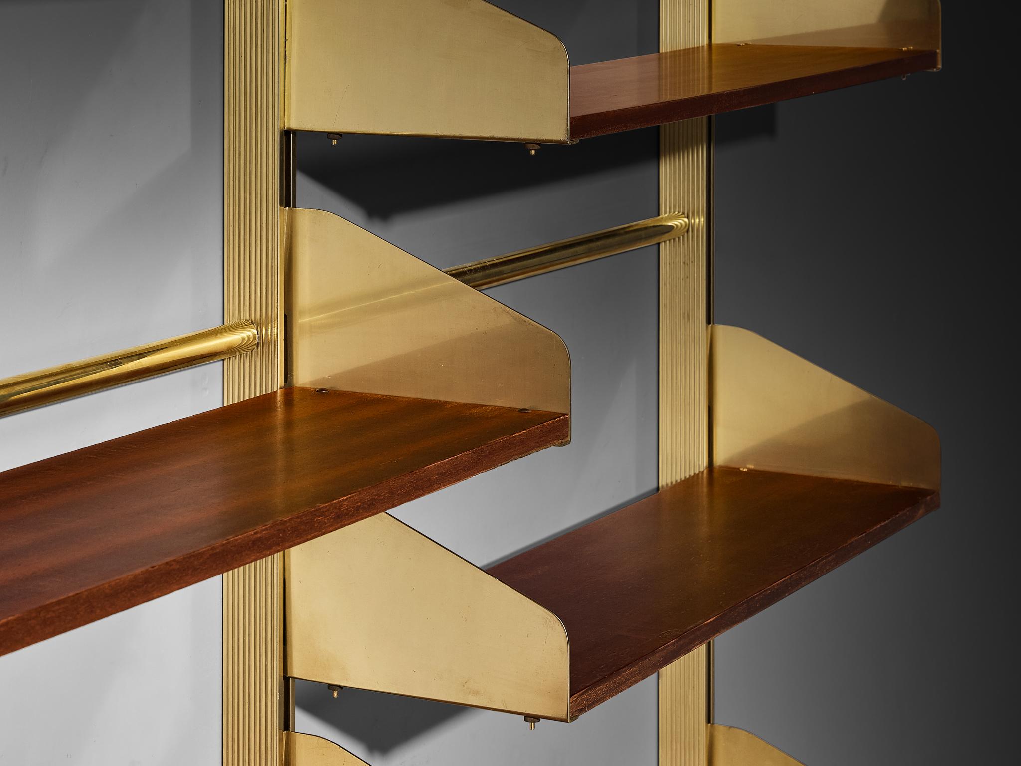 Mid-Century Modern Large Feal Italian Wall Unit in Anodized Aluminum and Mahogany For Sale