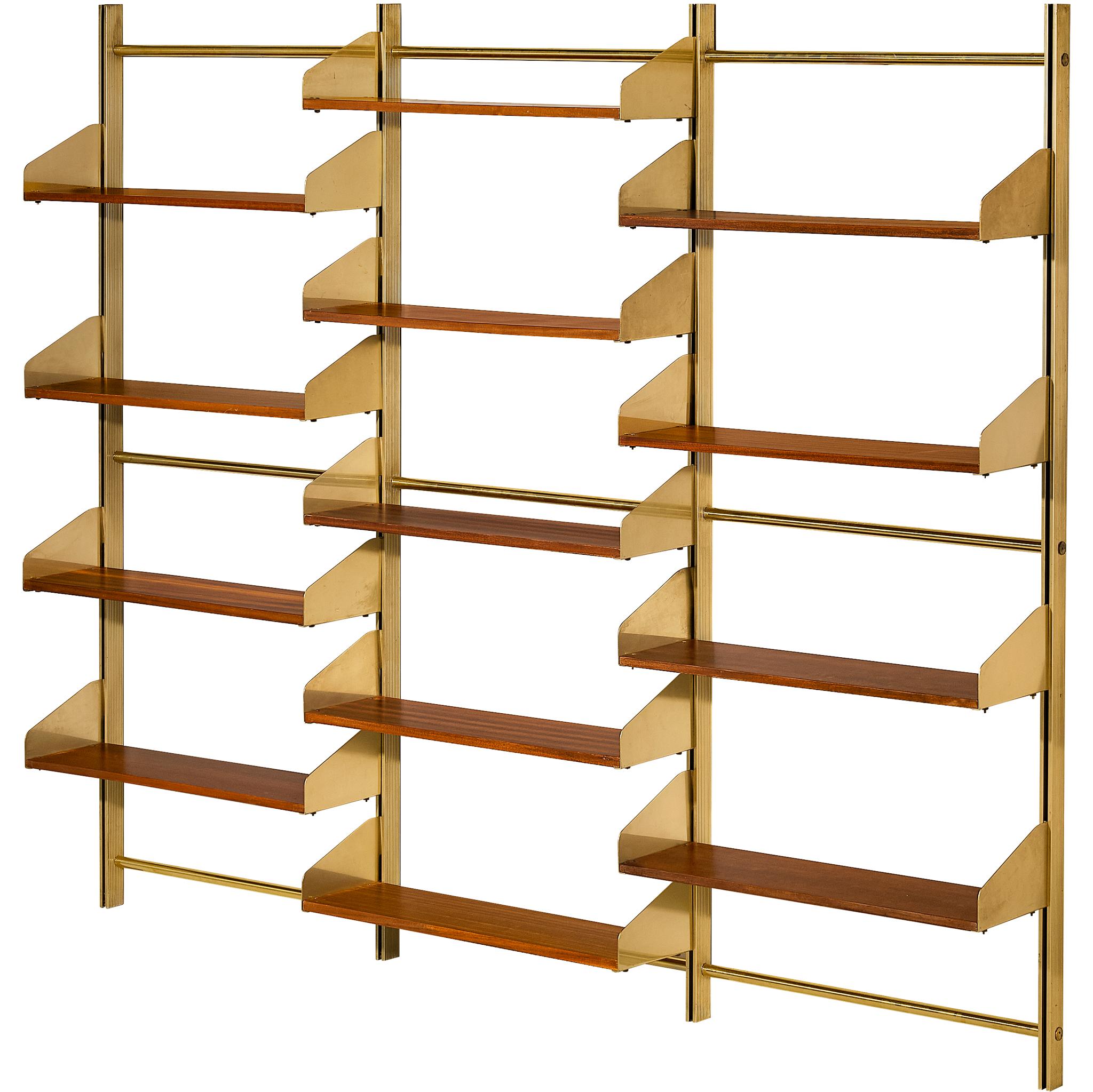 Large Feal Italian Wall Unit in Anodized Aluminum and Mahogany For Sale