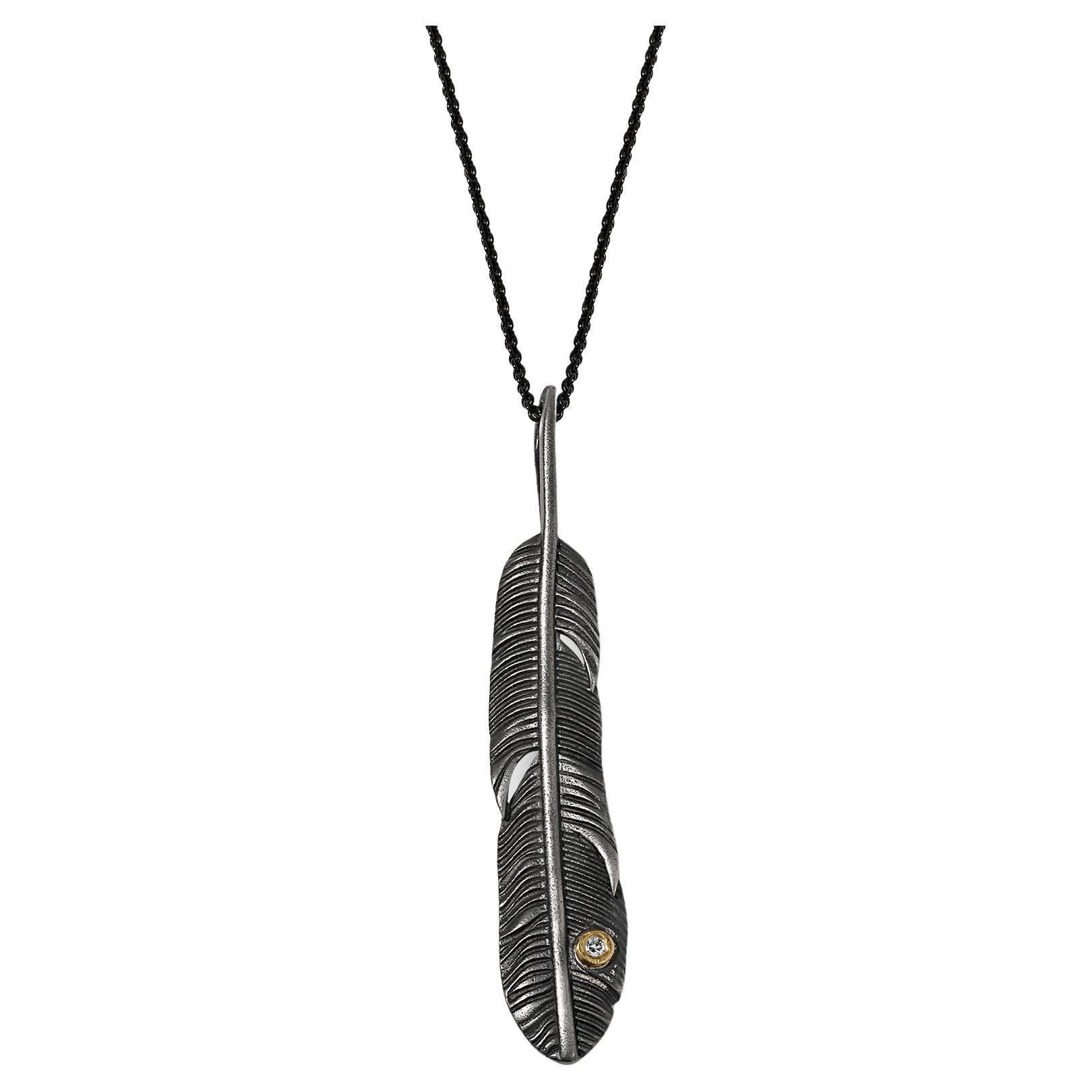 Large Feather Pendant Necklace with Diamond 24K and Sterling Silver