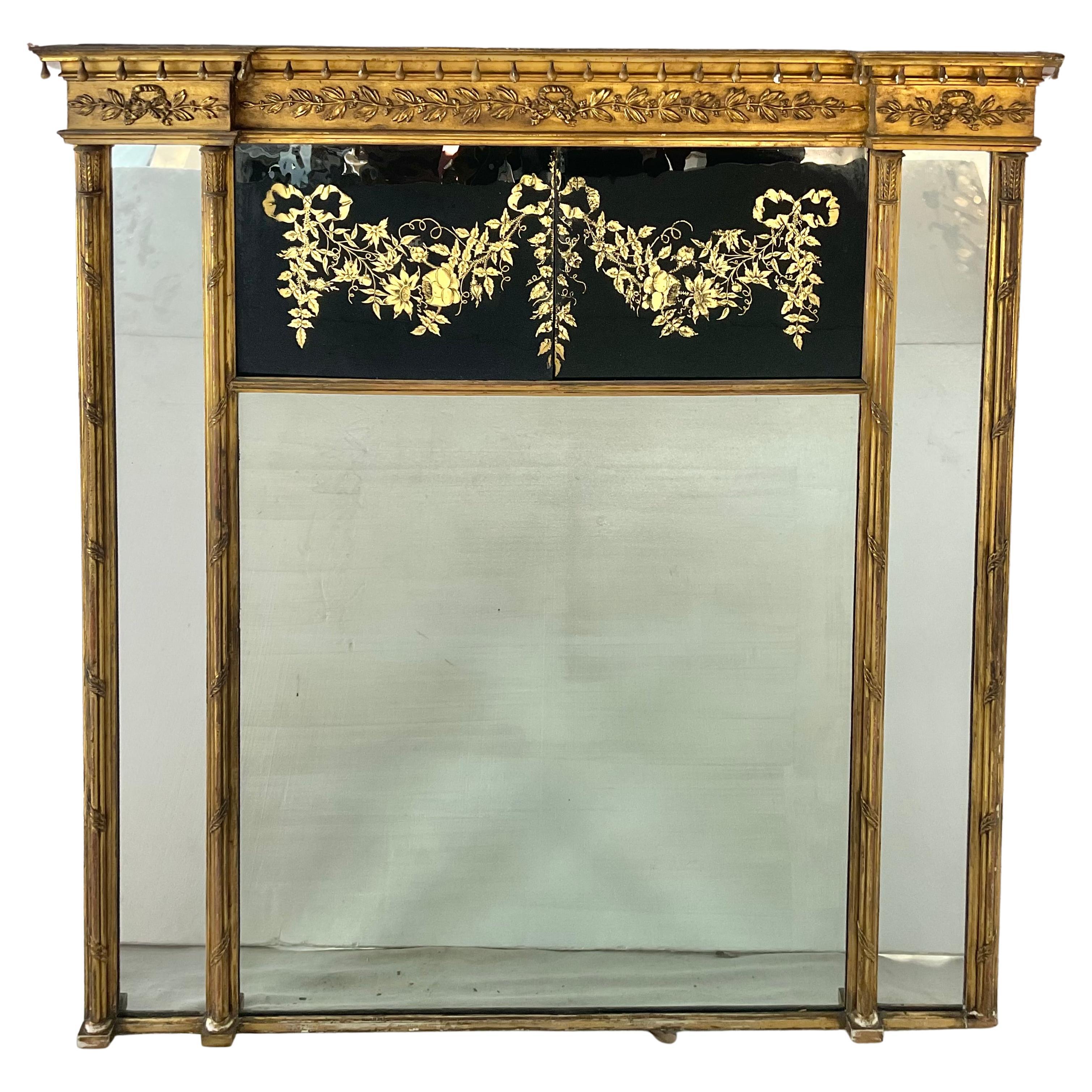 Large Federal Carved Giltwood and Eglomise Overmantel Mirror For Sale 5