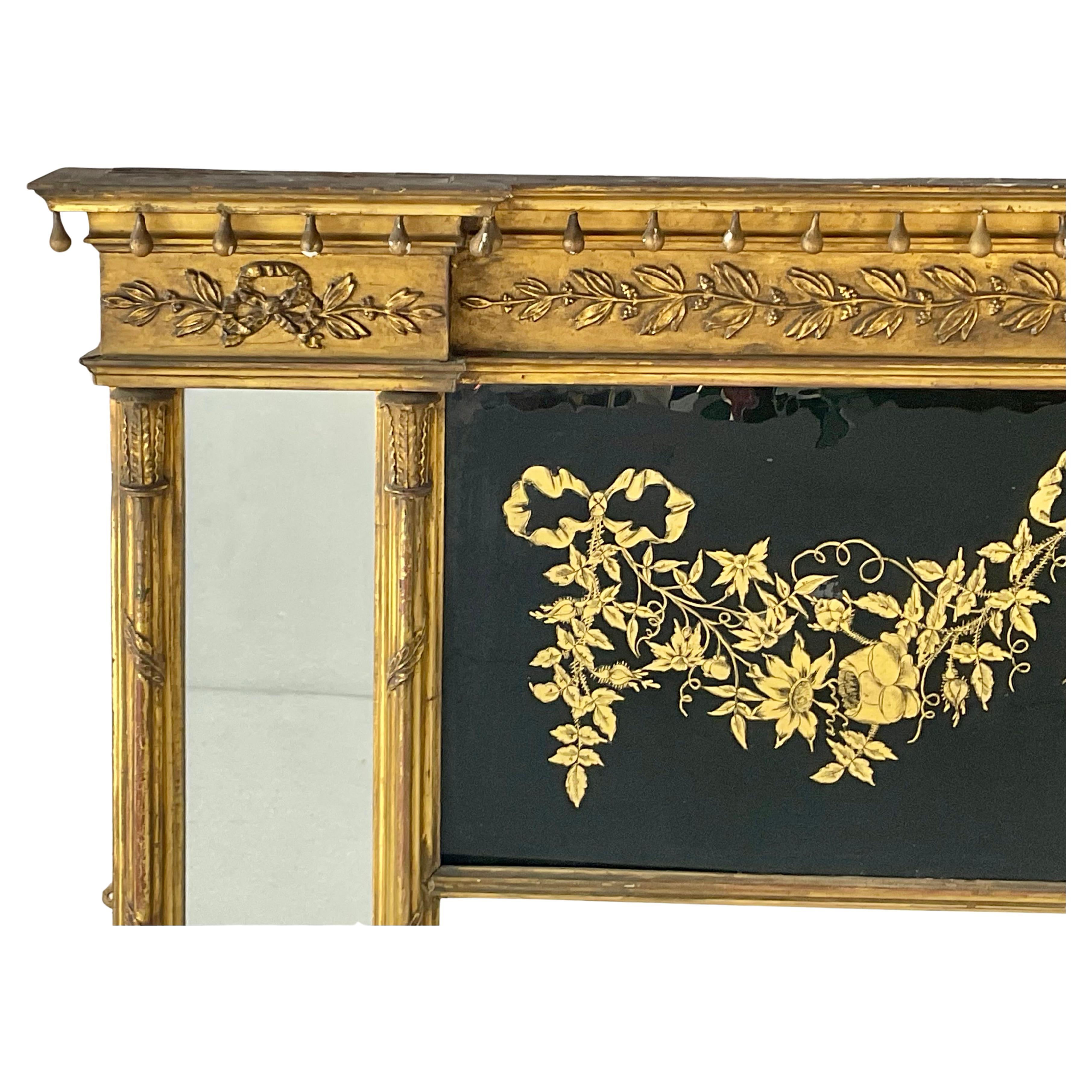American Large Federal Carved Giltwood and Eglomise Overmantel Mirror For Sale