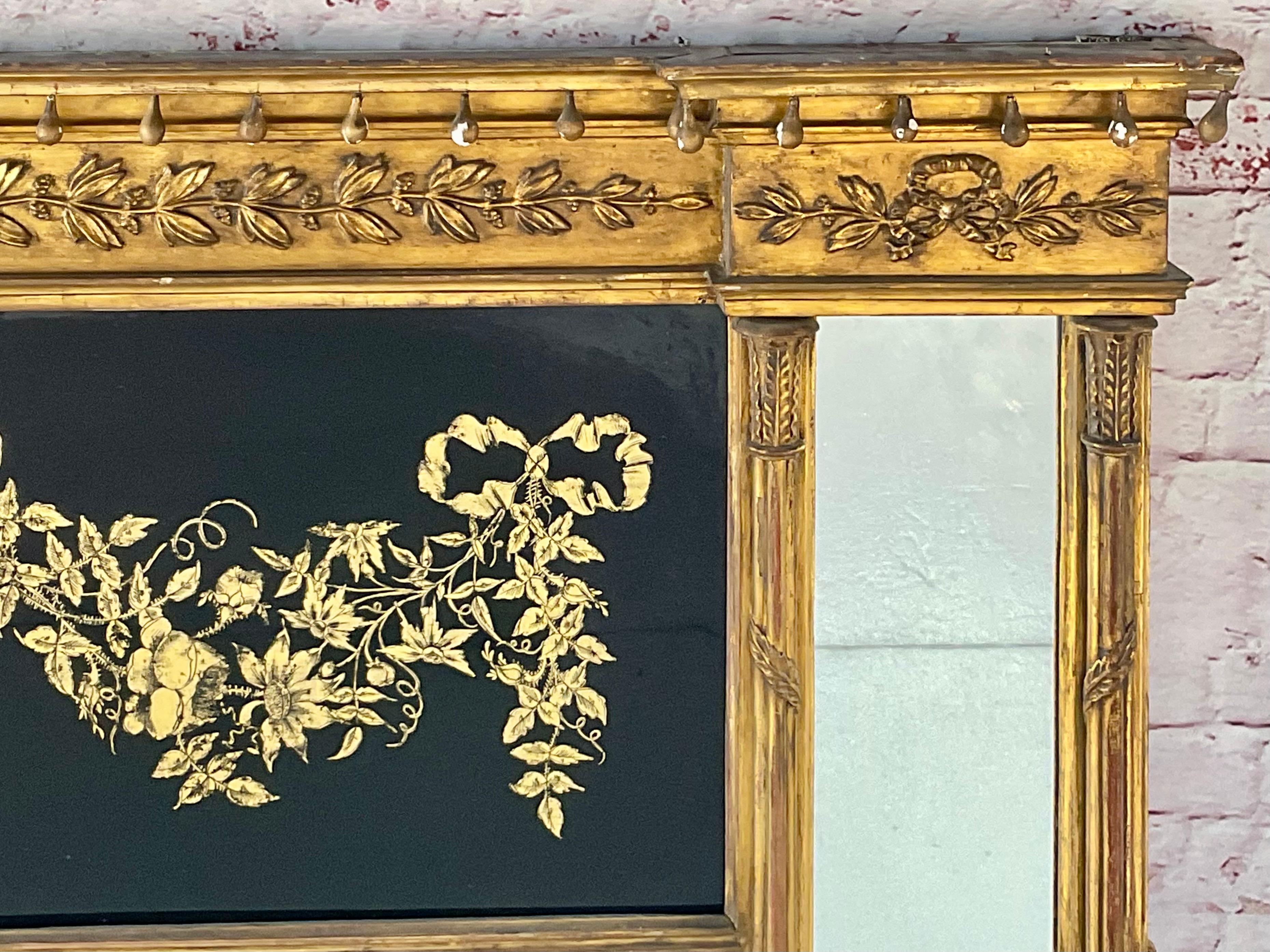 Large Federal Carved Giltwood and Eglomise Overmantel Mirror In Good Condition For Sale In Bradenton, FL