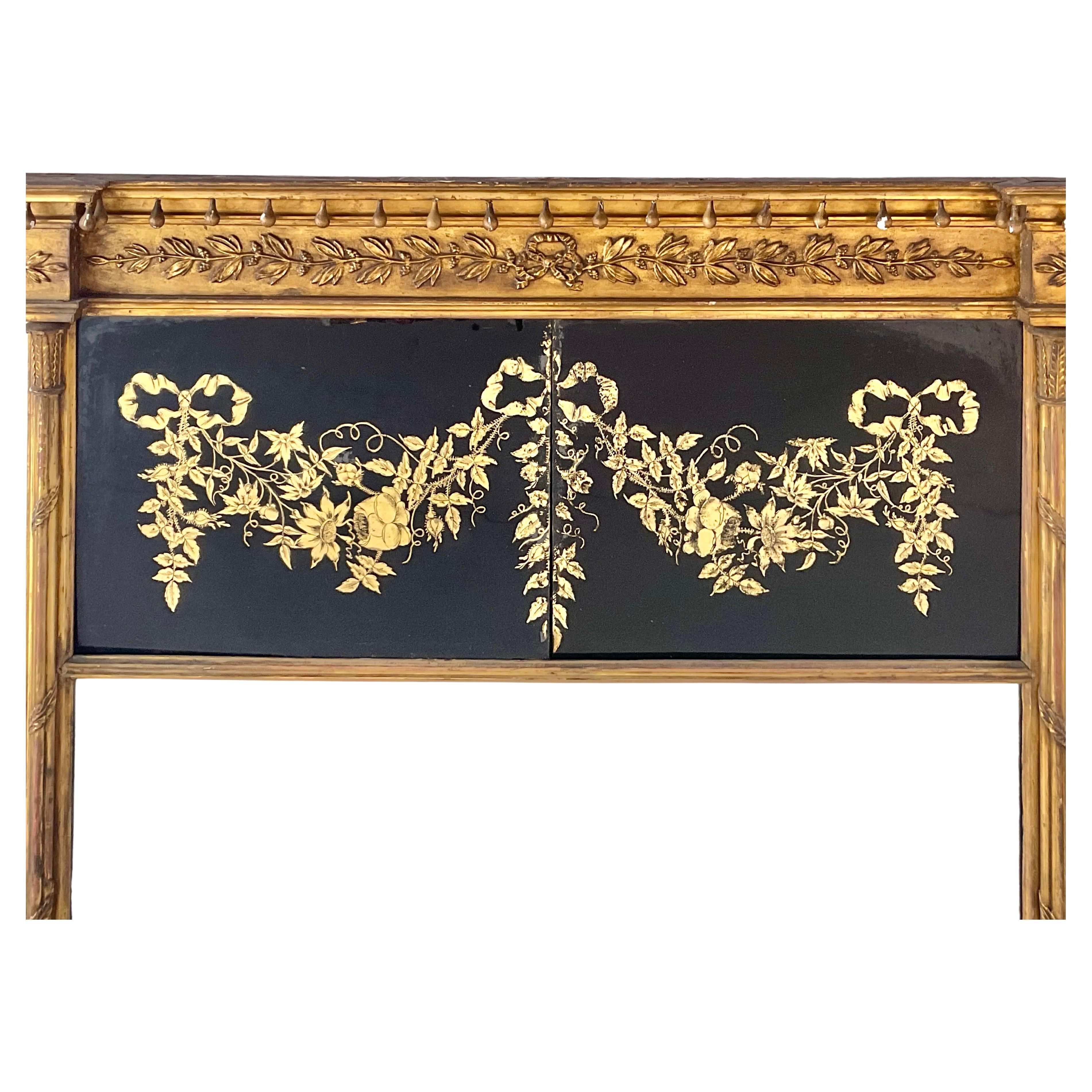 Large Federal Carved Giltwood and Eglomise Overmantel Mirror For Sale 1