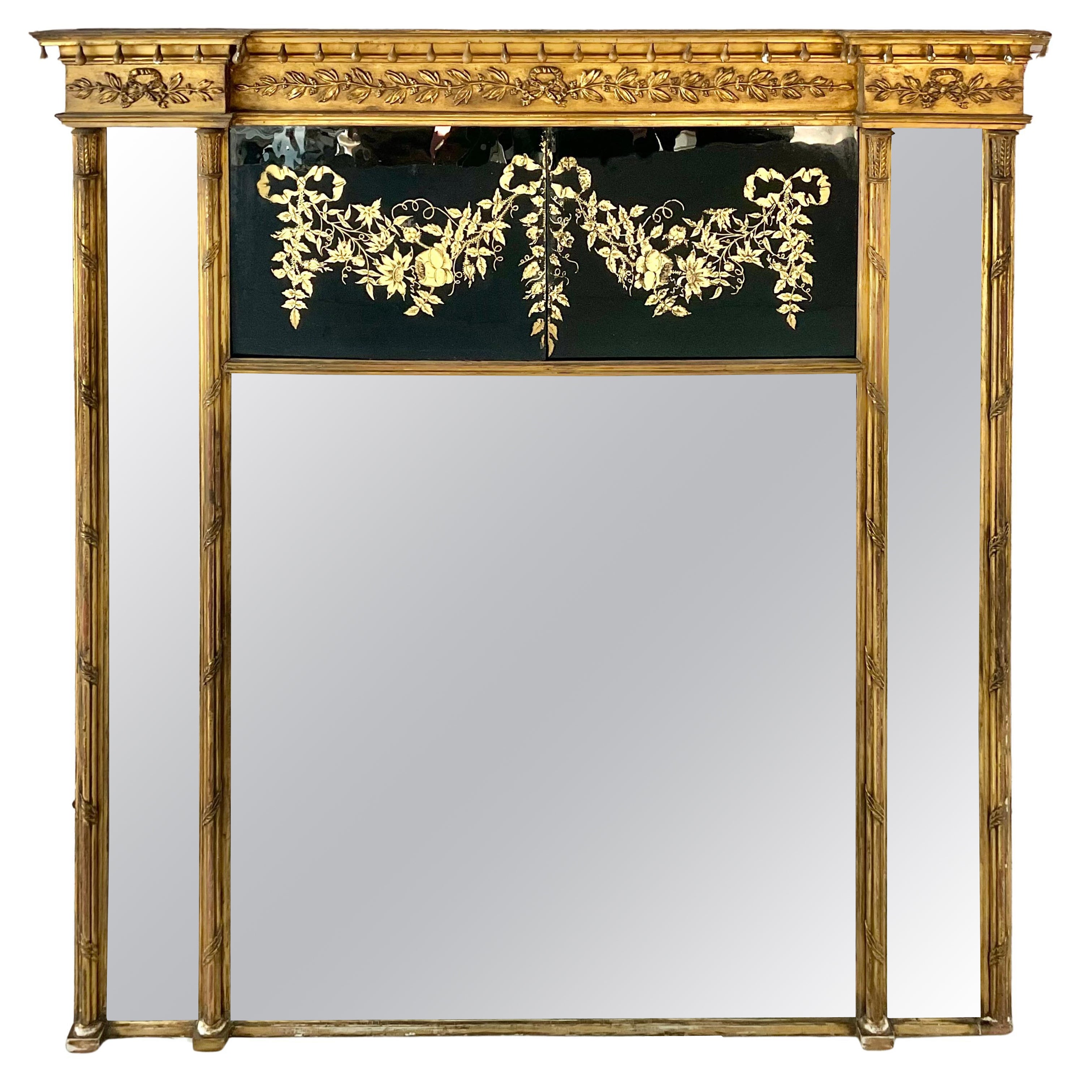 Large Federal Carved Giltwood and Eglomise Overmantel Mirror For Sale