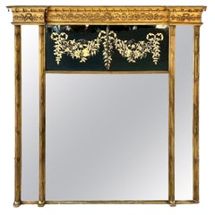 Large Federal Carved Giltwood and Eglomise Overmantel Mirror