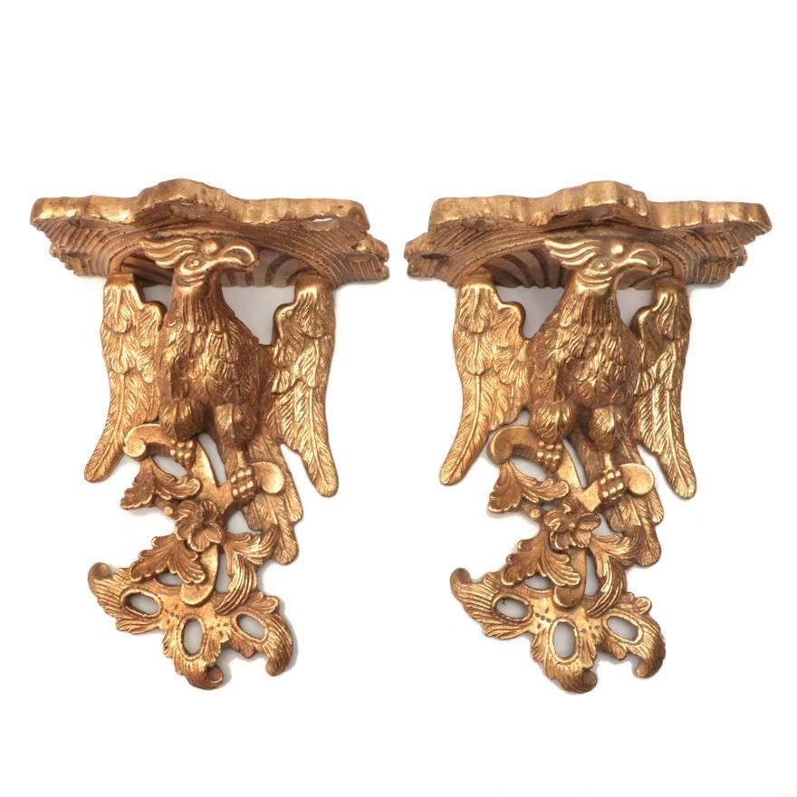 Large Federal Gilt Eagle and Foliate Wall Sconce Shelves, Pair For Sale 1