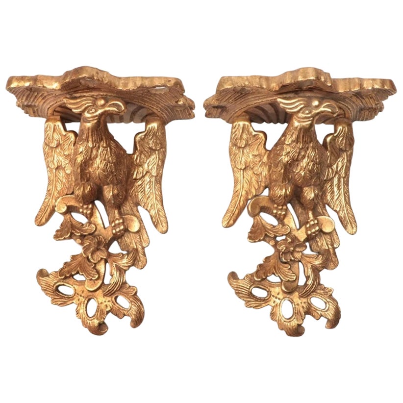 Large Federal Gilt Eagle and Foliate Wall Sconce Shelves, Pair For Sale