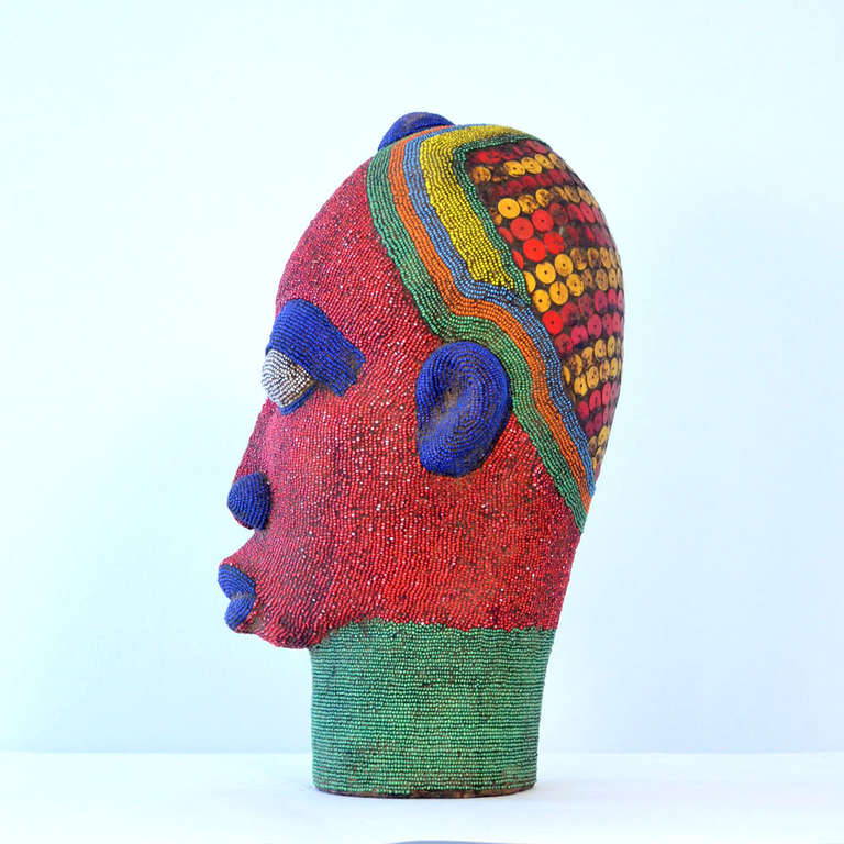 Other Large Female Head Sculpture in Colored Beads, Nigeria