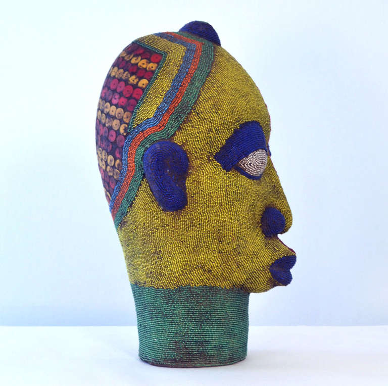 Mid-20th Century Large Female Head Sculpture in Colored Beads, Nigeria