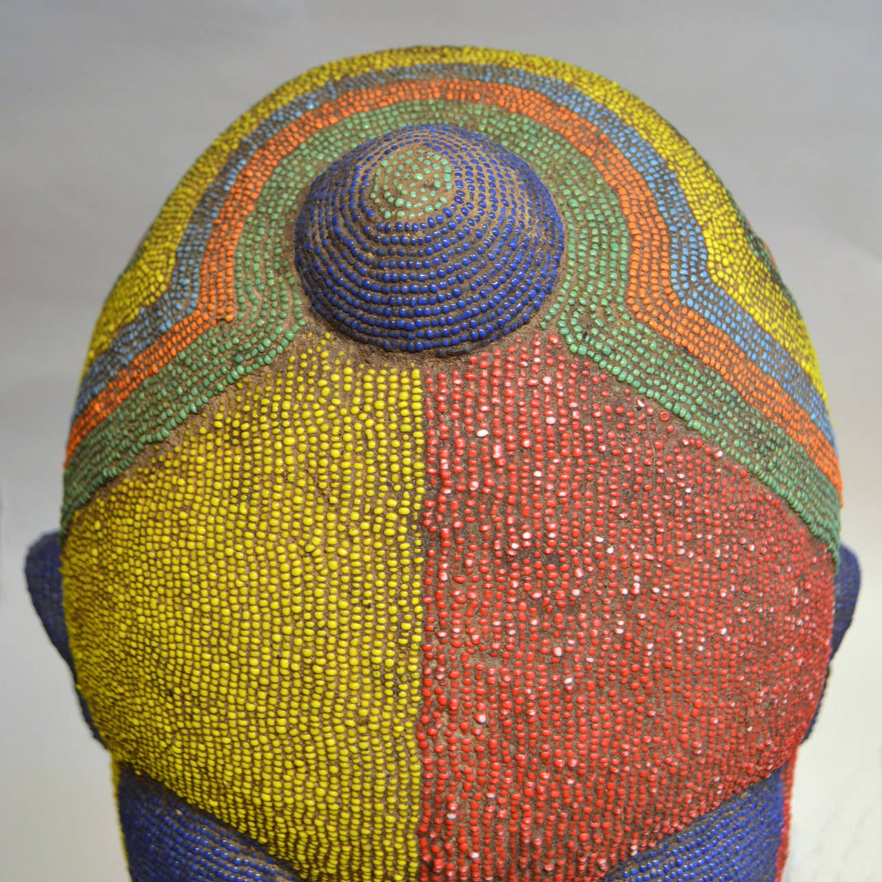 Terracotta Large Female Head Sculpture in Colored Beads, Nigeria
