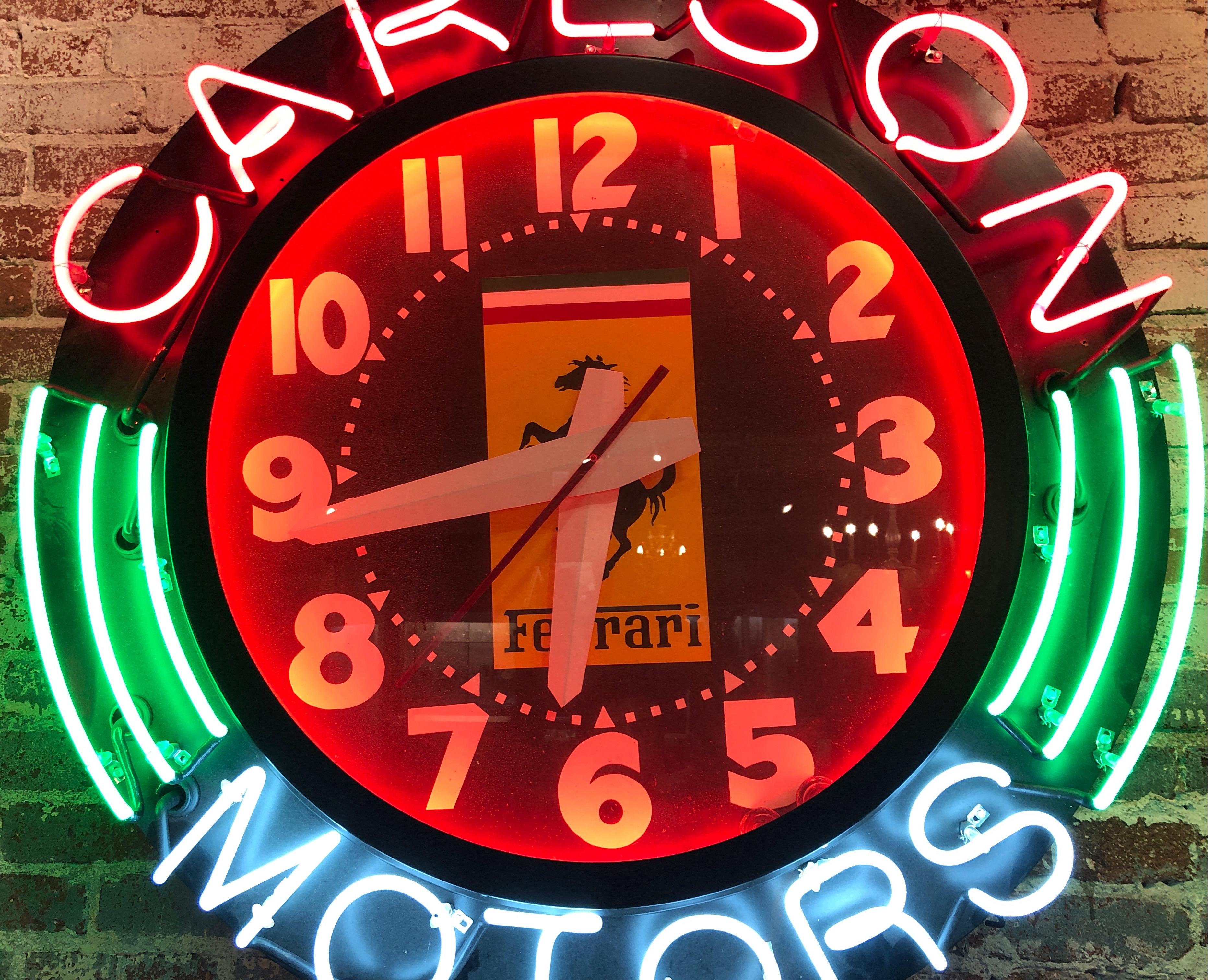 Modern Large Ferrari Logo Neon Sign and Clock, circa 1980