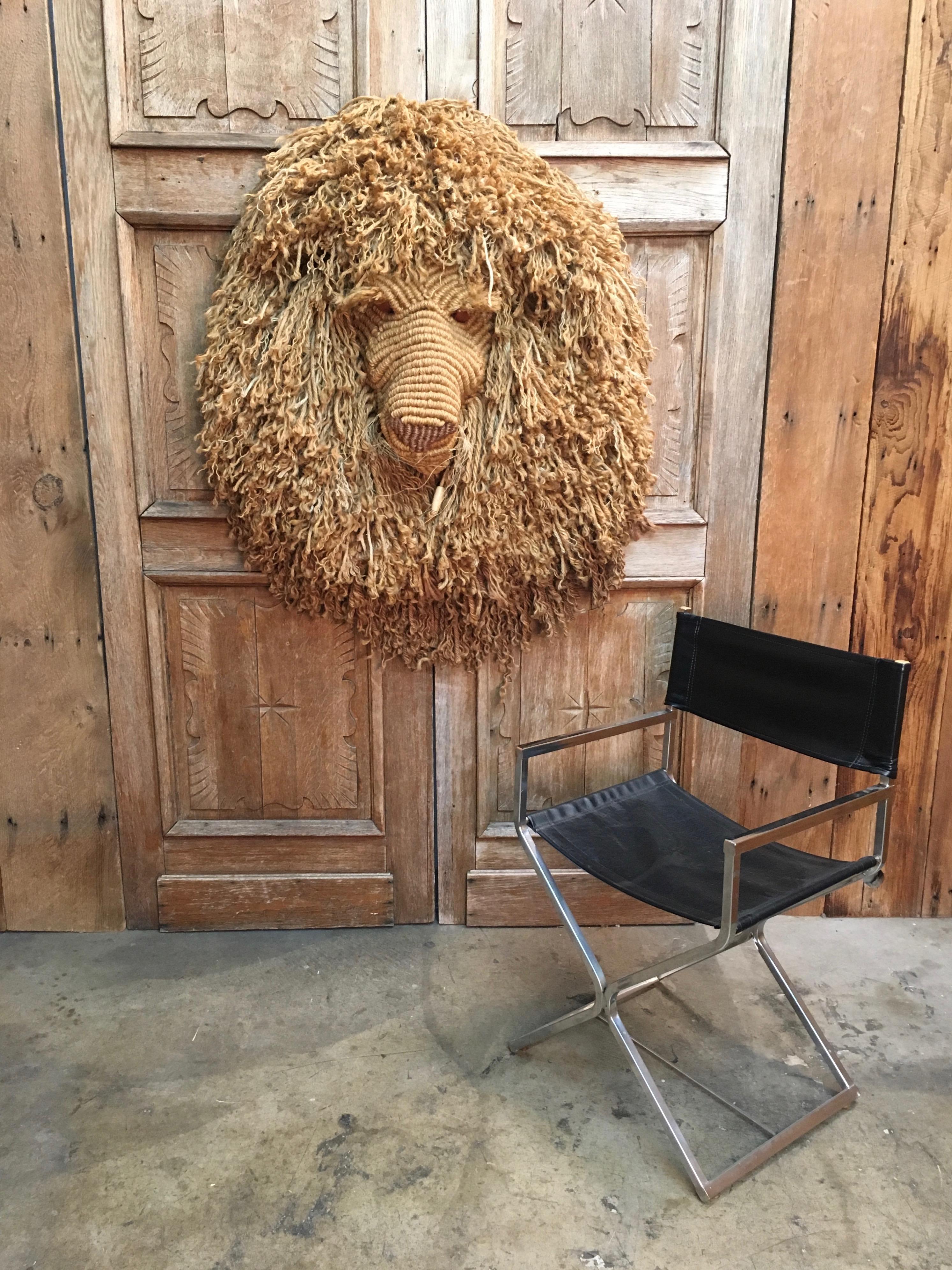 This is number 4 out of 50 of these made in 1982, Beautiful woven abstract lion head on a steel frame with wood eyeballs by Judee Du Bourdieu
Signed and dated please see pictures.