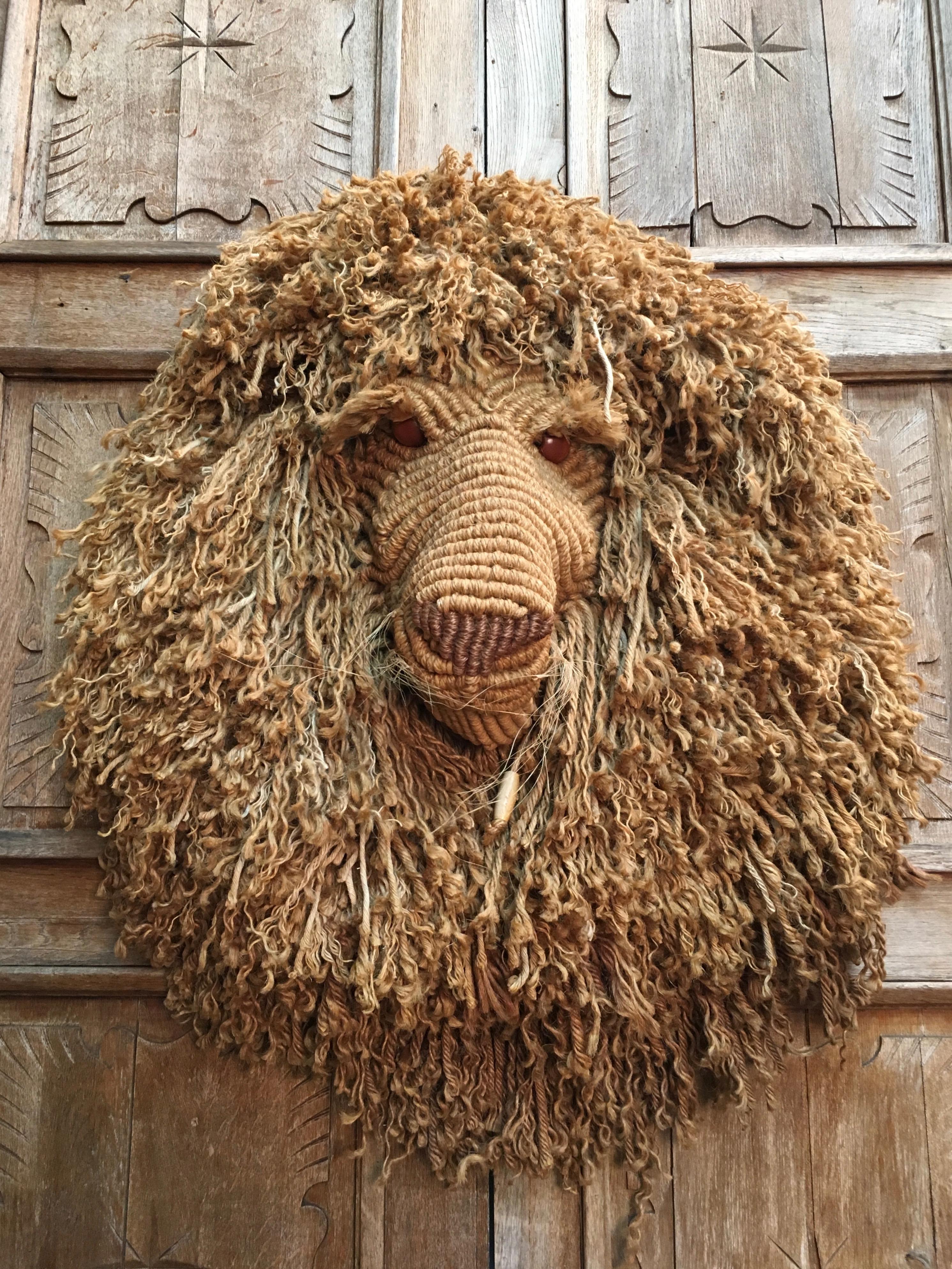 Large Fiber Art Macrame Lion Head by Judee Du-Bourdieu In Good Condition In Denton, TX