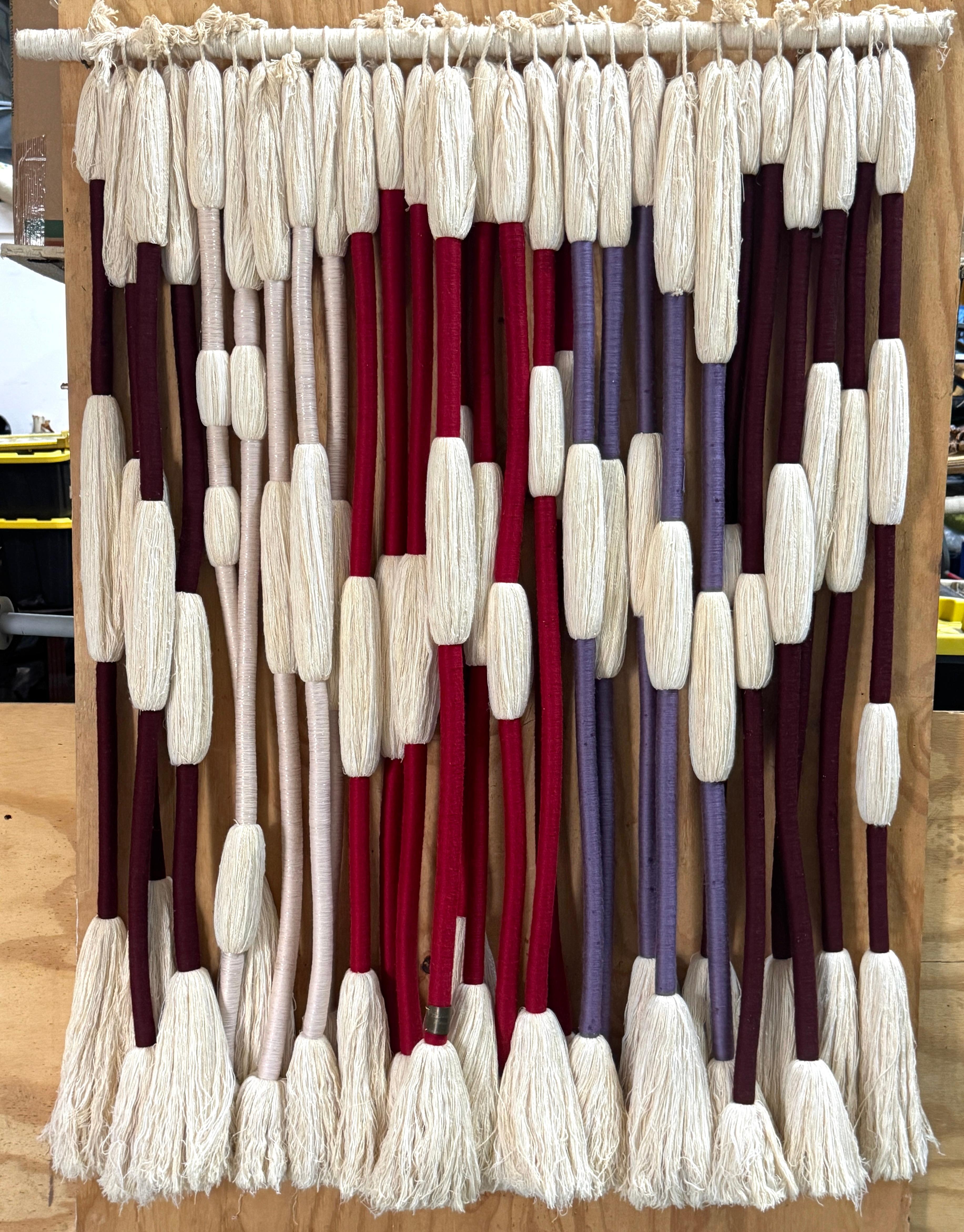 Large Fiber Art Wall Sculpture by Barbara Barron, Signed, Huntington, NY, 

A visually arresting and richly textured fiber art wall sculpture by Barbara Barron, signed on a hand-engraved bronze tag reading Barbara Barron, Huntington, New York. This