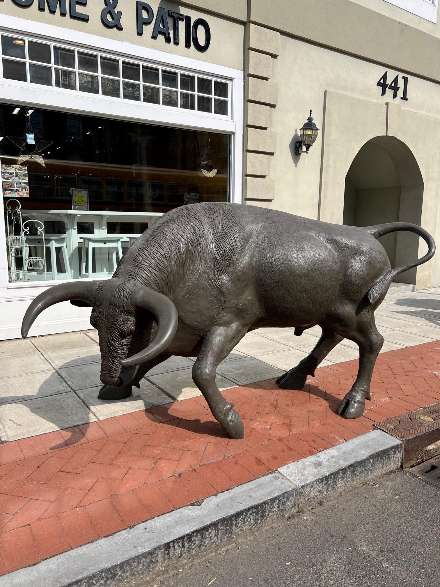 Life size fiberglass charging Bull statue. The charging Bull in finance represents optimism and growth. 
Native Americans believe a Bull represents wealth, potency, bravery and overall power. Made with a very sturdy and strong fiberglass, this Bull