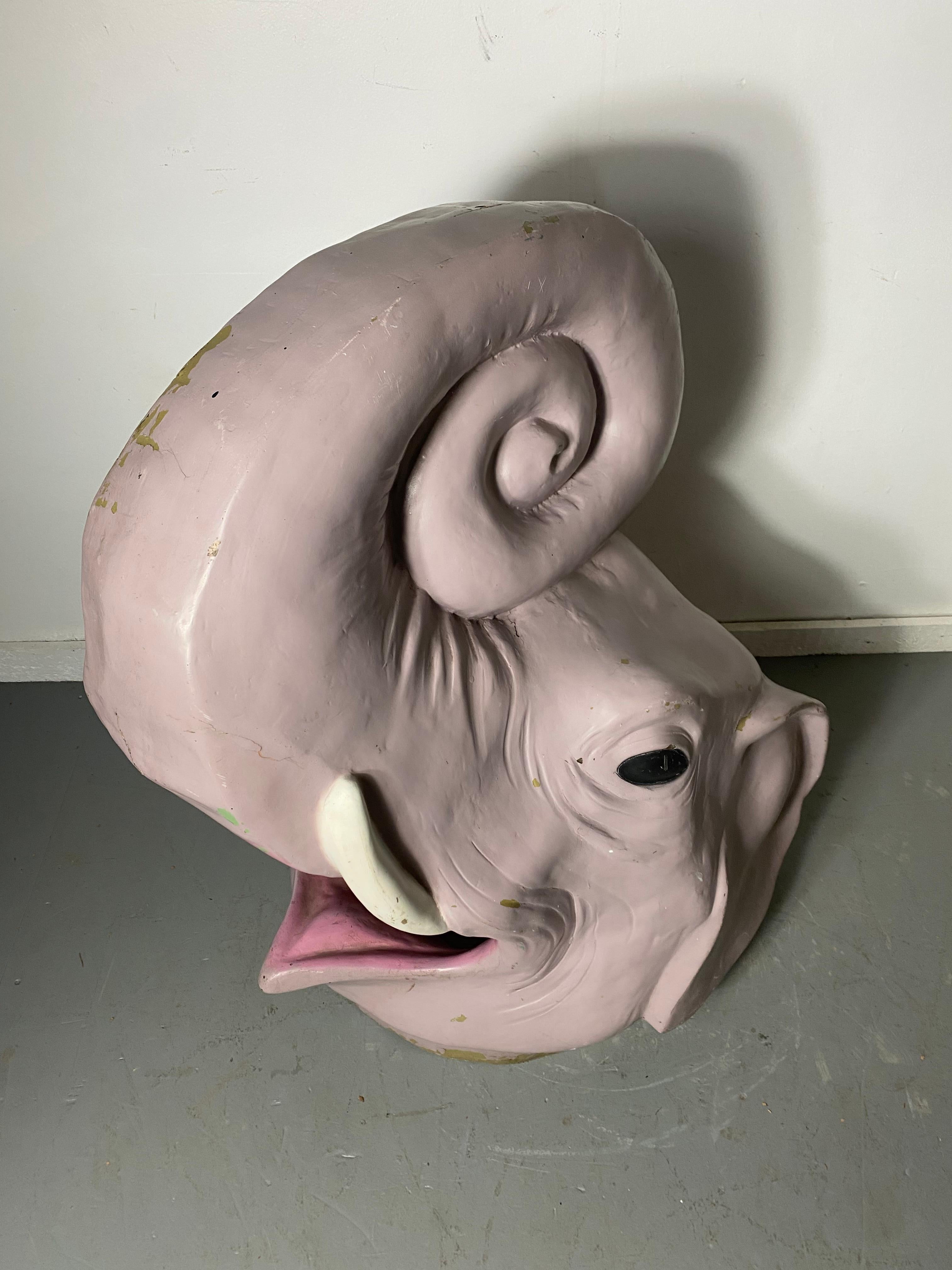 Large Whimsical Fiberglass Elephant head, carnival trash can lid / cover, manufactured by the International Fiferglass Company, Venice California. This item was salvaged from Famed Fantasy Island amusement park. Located just outside of Buffalo New