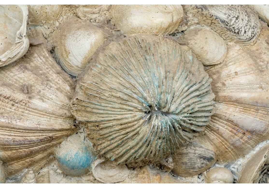 Grand miroir mural très décoratif de style Grotto. Le miroir présente divers faux coquillages, dont un oursin au centre, un escargot, une palourde, des coquilles Saint-Jacques et des moules.  Certains ont une teinte bleue qui ajoute un intérêt