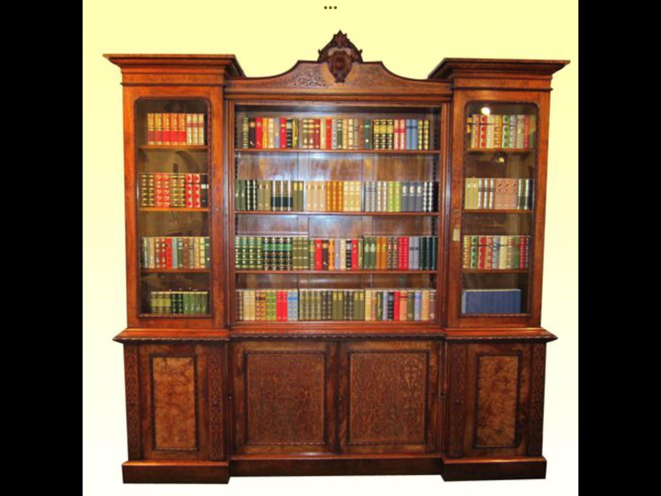 Large Figured and Burr Walnut Inverted Breakfront Antique Bookcase In Good Condition For Sale In Antrim, GB