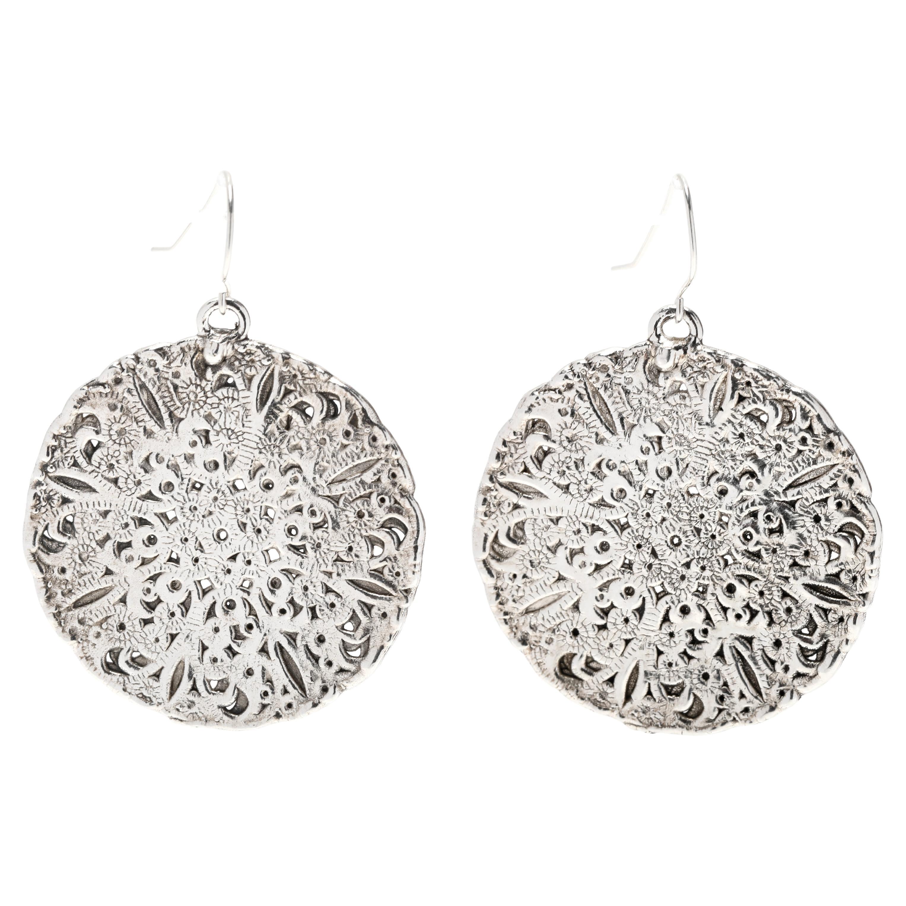 Large Filigree Lace Circle Dangle Earrings, Sterling Silver For Sale